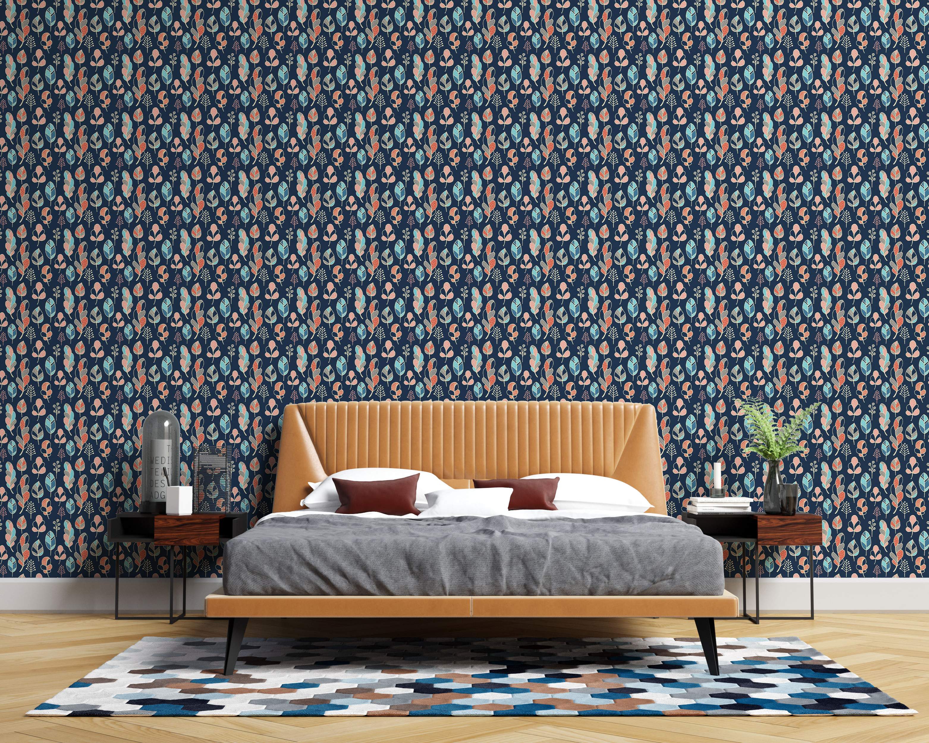 Wallpaper featuring stylized leaves and feathers in coral, teal, and beige with linear details on a dark navy blue background.