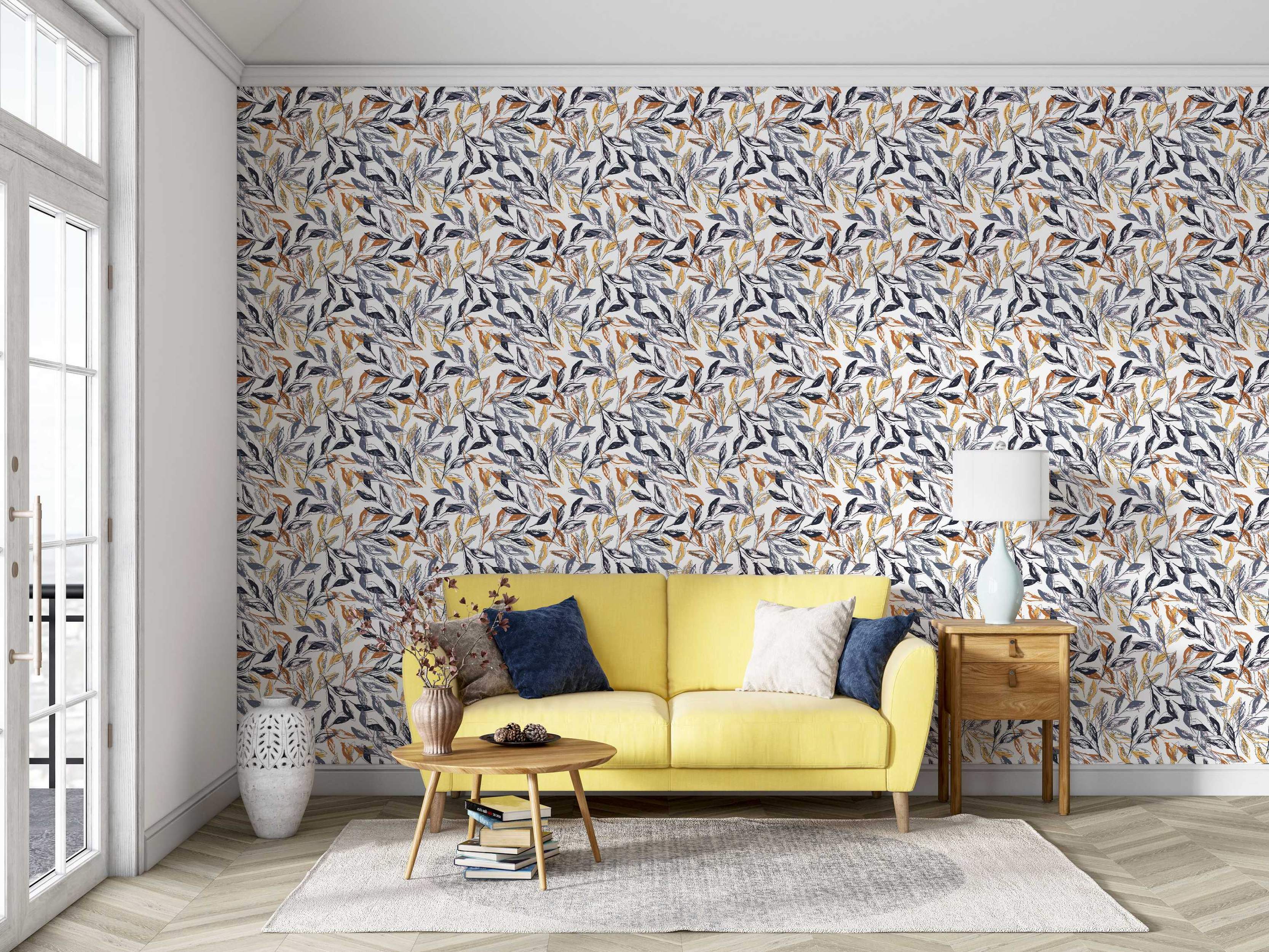 Wallpaper displays a scattered pattern of sketched leaves in navy blue, mustard yellow, rust orange, and gray over a white backdrop.