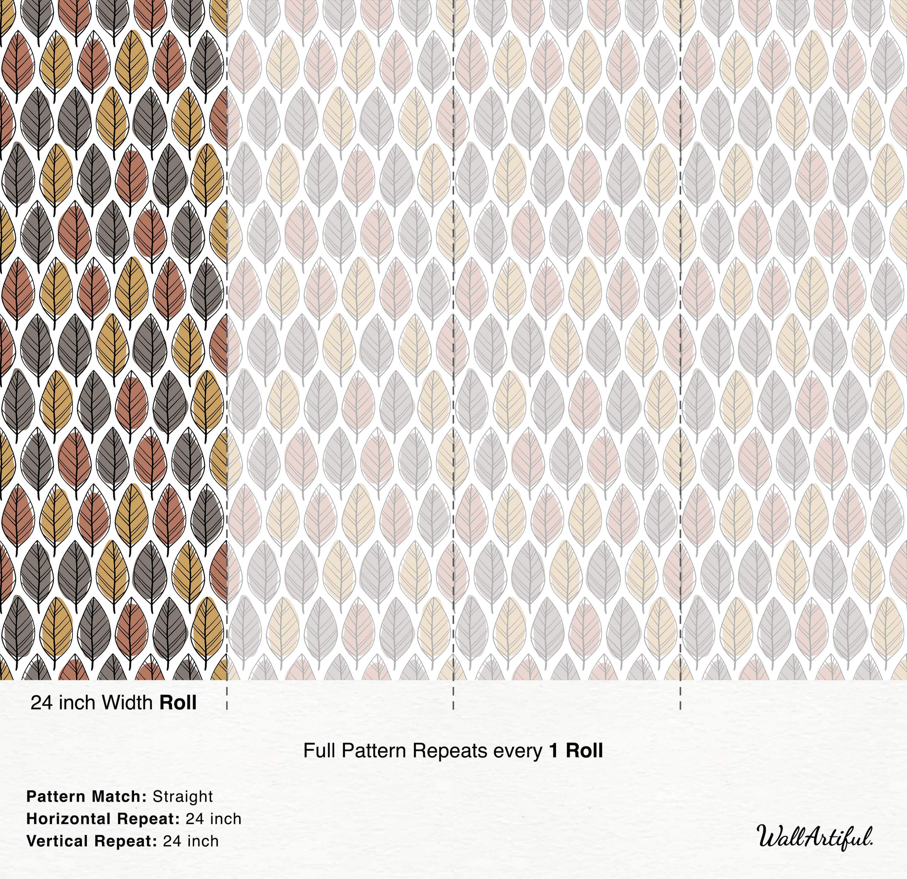 Wallpaper featuring vertical rows of stylized leaves in brown, yellow, and gray with black line details.
