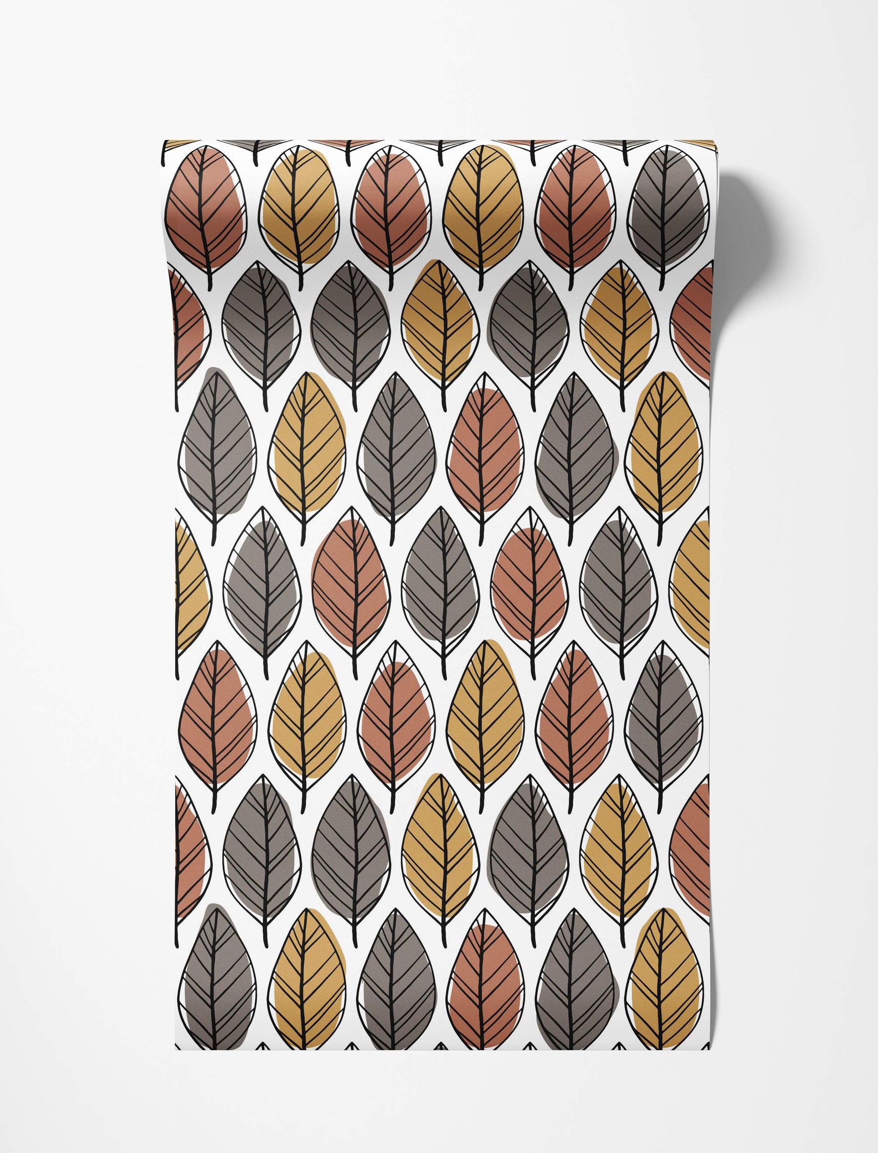 Modern wallpaper with a repeating pattern of stylized leaves in rust, yellow, and grey, featuring black outlines on white.