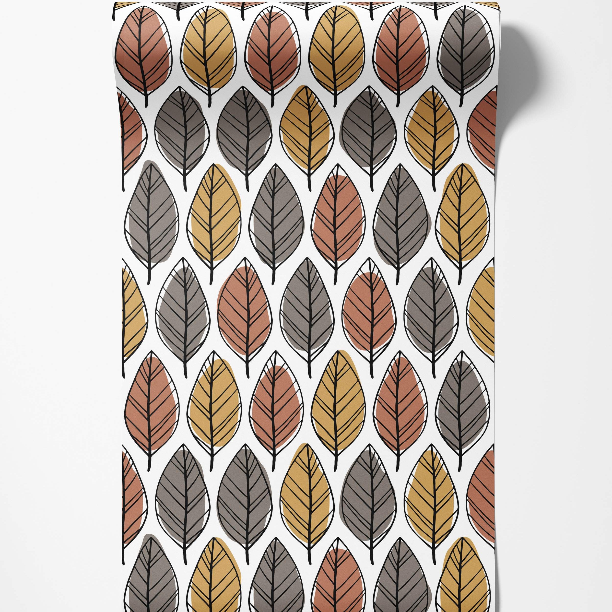 Modern wallpaper with a repeating pattern of stylized leaves in rust, yellow, and grey, featuring black outlines on white.