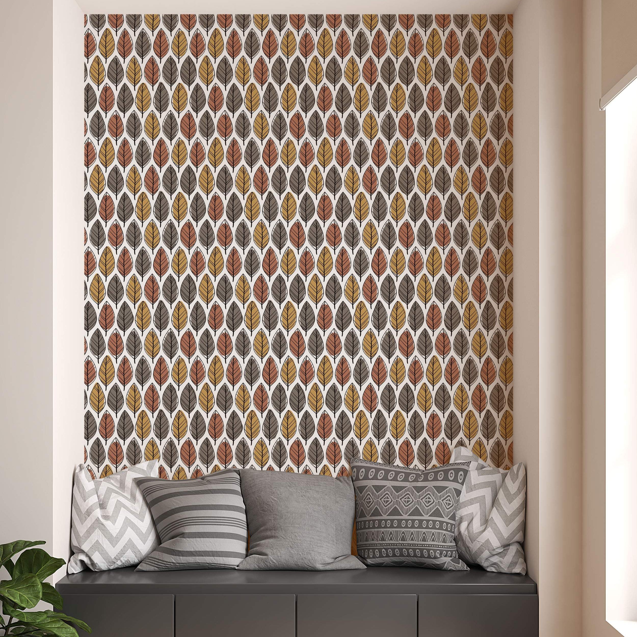 Wallpaper featuring a repeating pattern of sketched leaves in earthy tones of rust, gold, and dark brown on a white background.