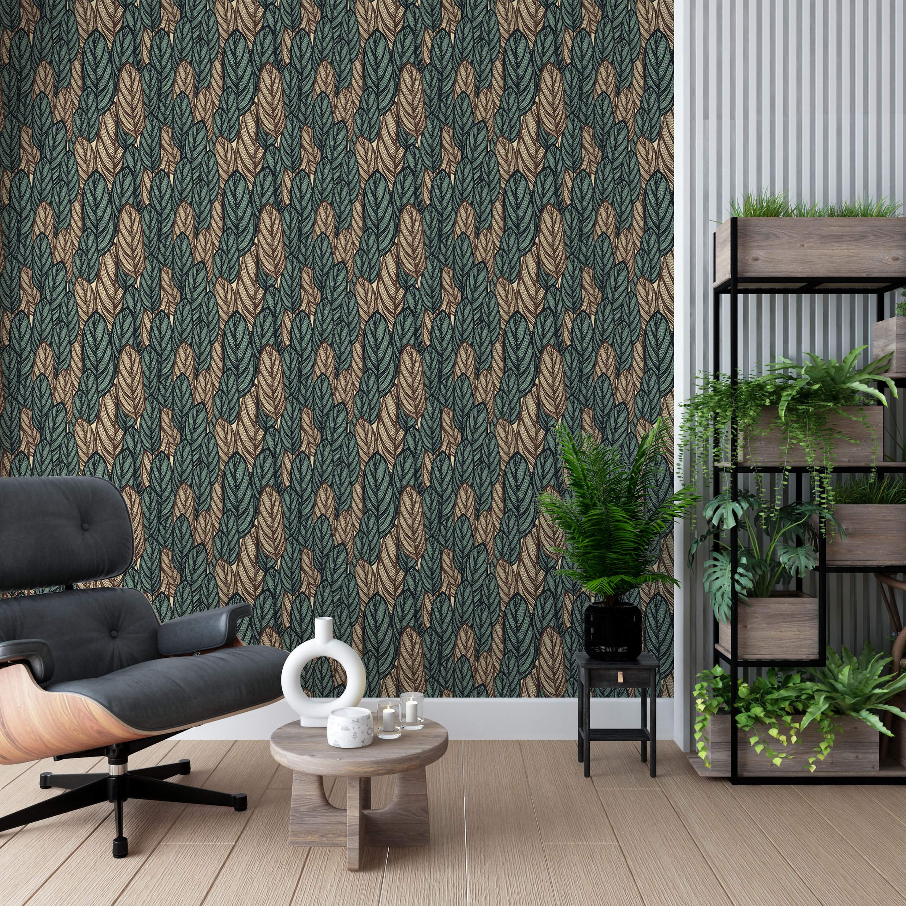 Wallpaper featuring a dense pattern of hand-drawn leaves in alternating dark green and tan hues, arranged vertically.