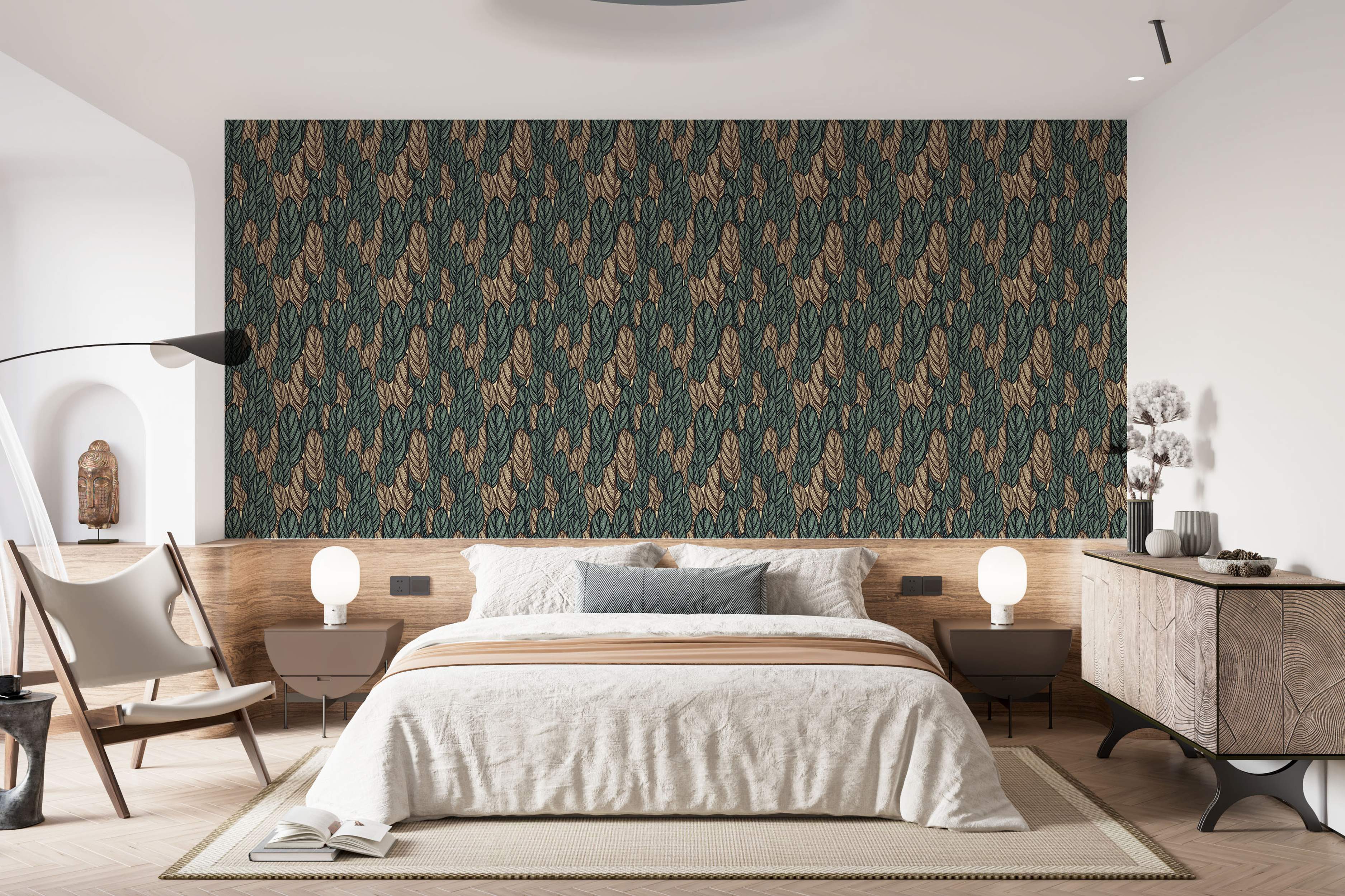 Wallpaper features a repeating pattern of stylized leaves in dark green and brown with black outlines.