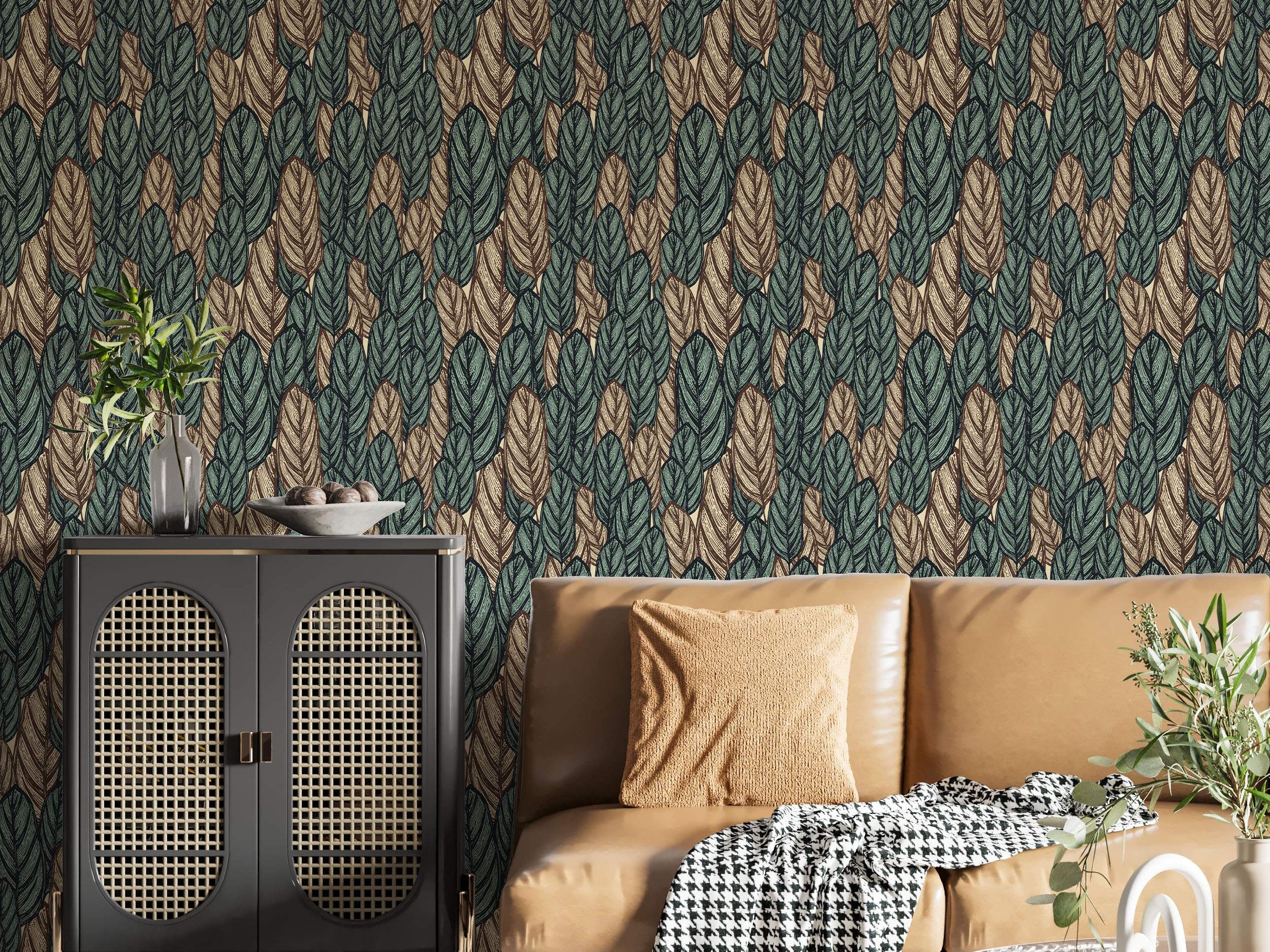 Stylized vertical leaf pattern wallpaper in dark green, tan, and beige with black linework.