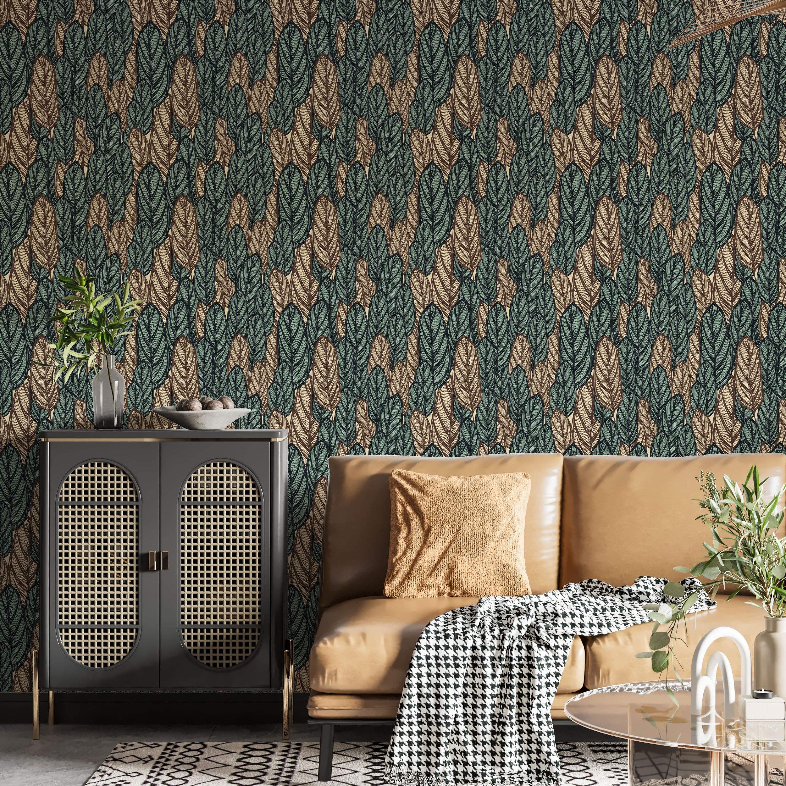 Stylized vertical leaf pattern wallpaper in dark green, tan, and beige with black linework.