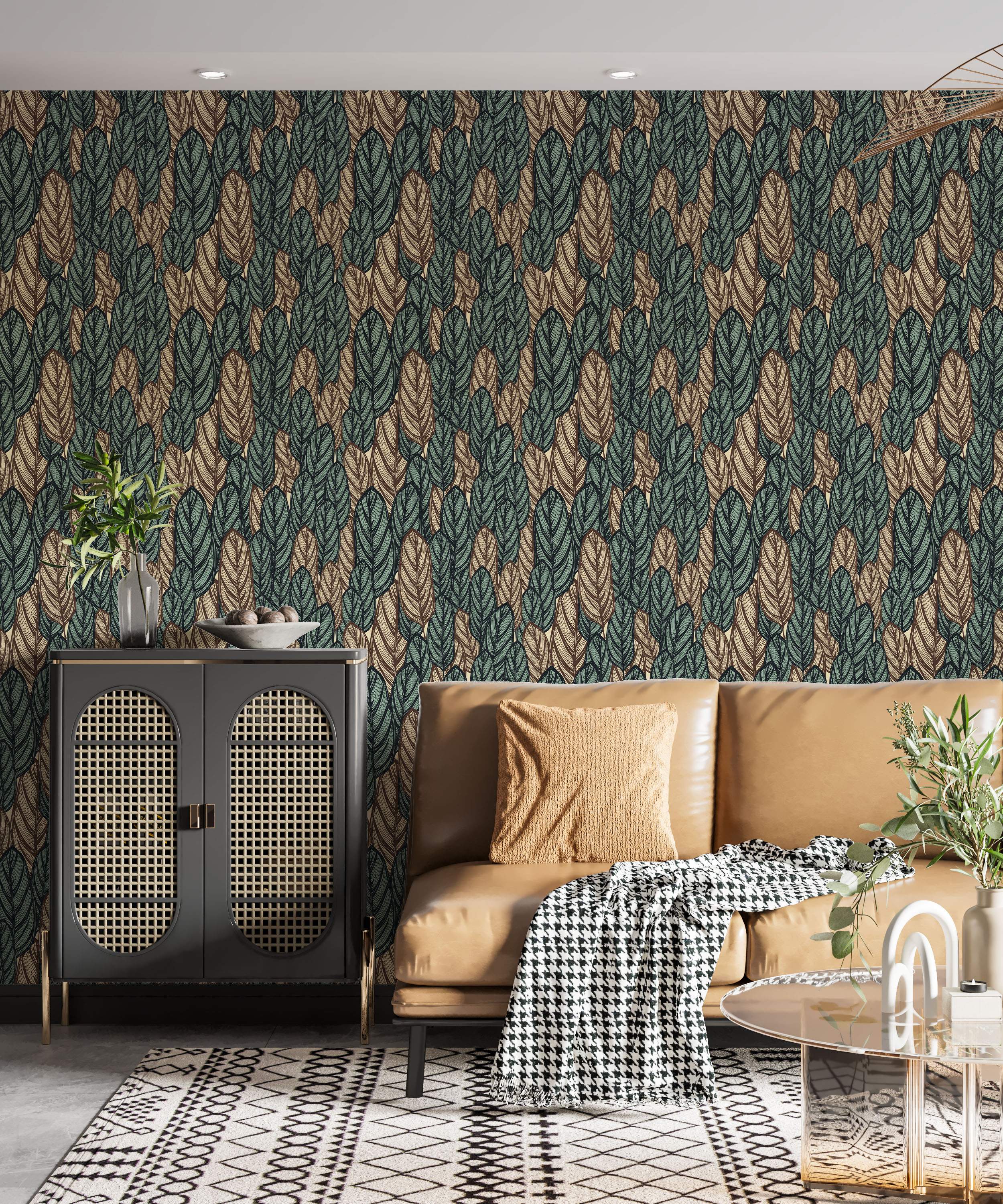 Stylized vertical leaf pattern wallpaper in dark green, tan, and beige with black linework.
