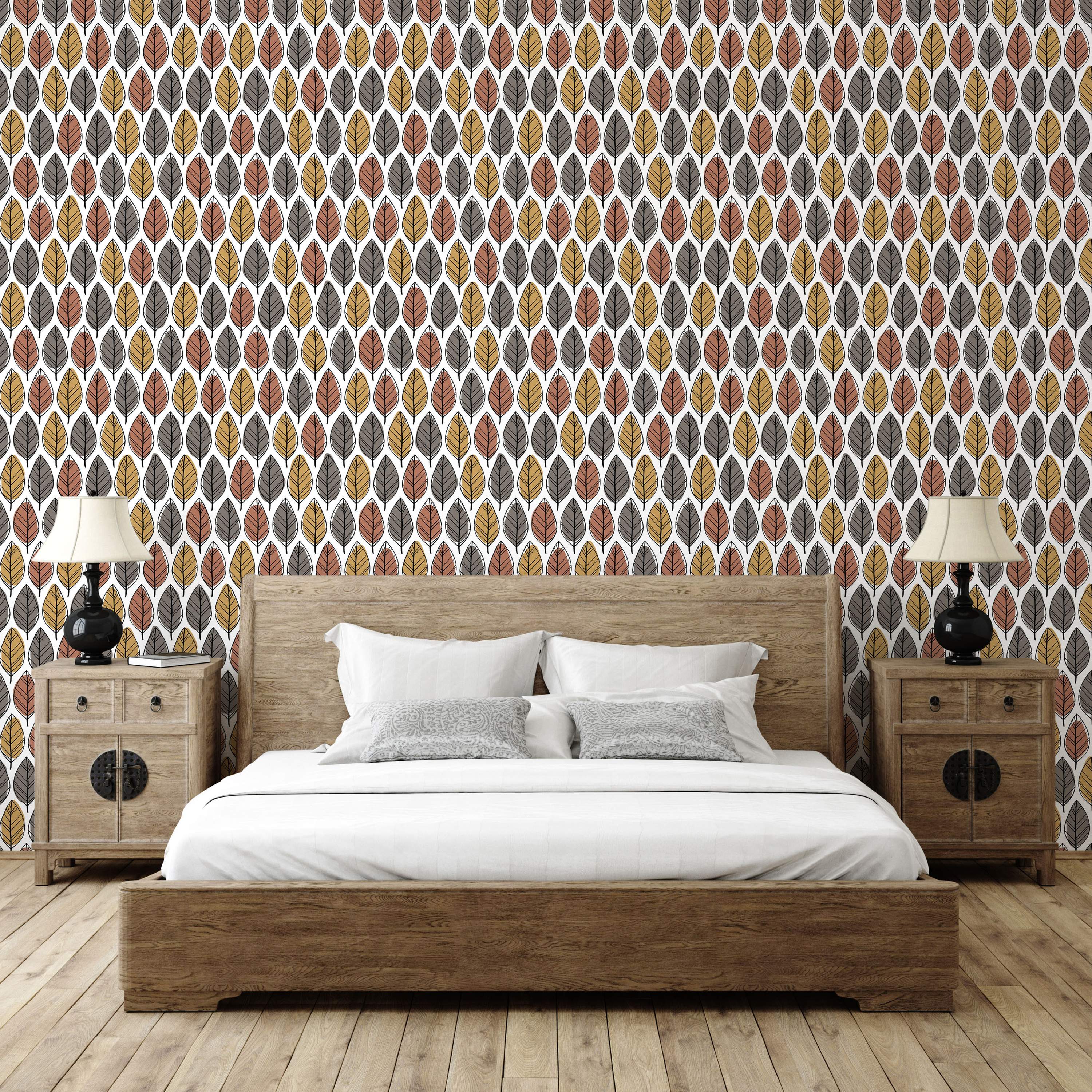 Wallpaper with a repeating pattern of stylized leaves in rust, mustard yellow, and dark grey with black outlines on a white background.