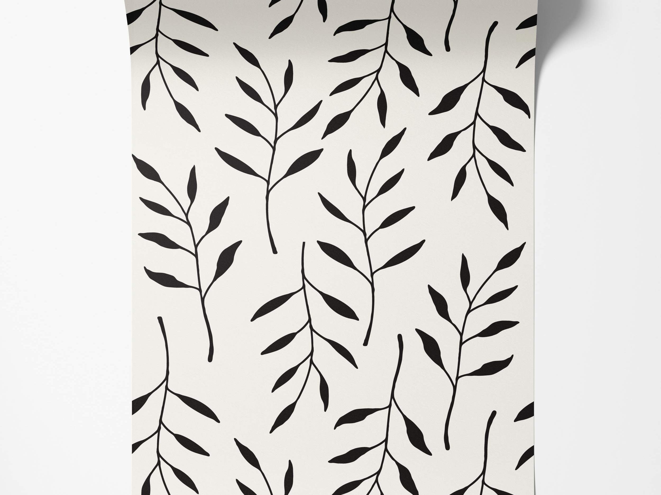Minimalist wallpaper featuring a repeating pattern of simple black leaf sprigs on a white background.