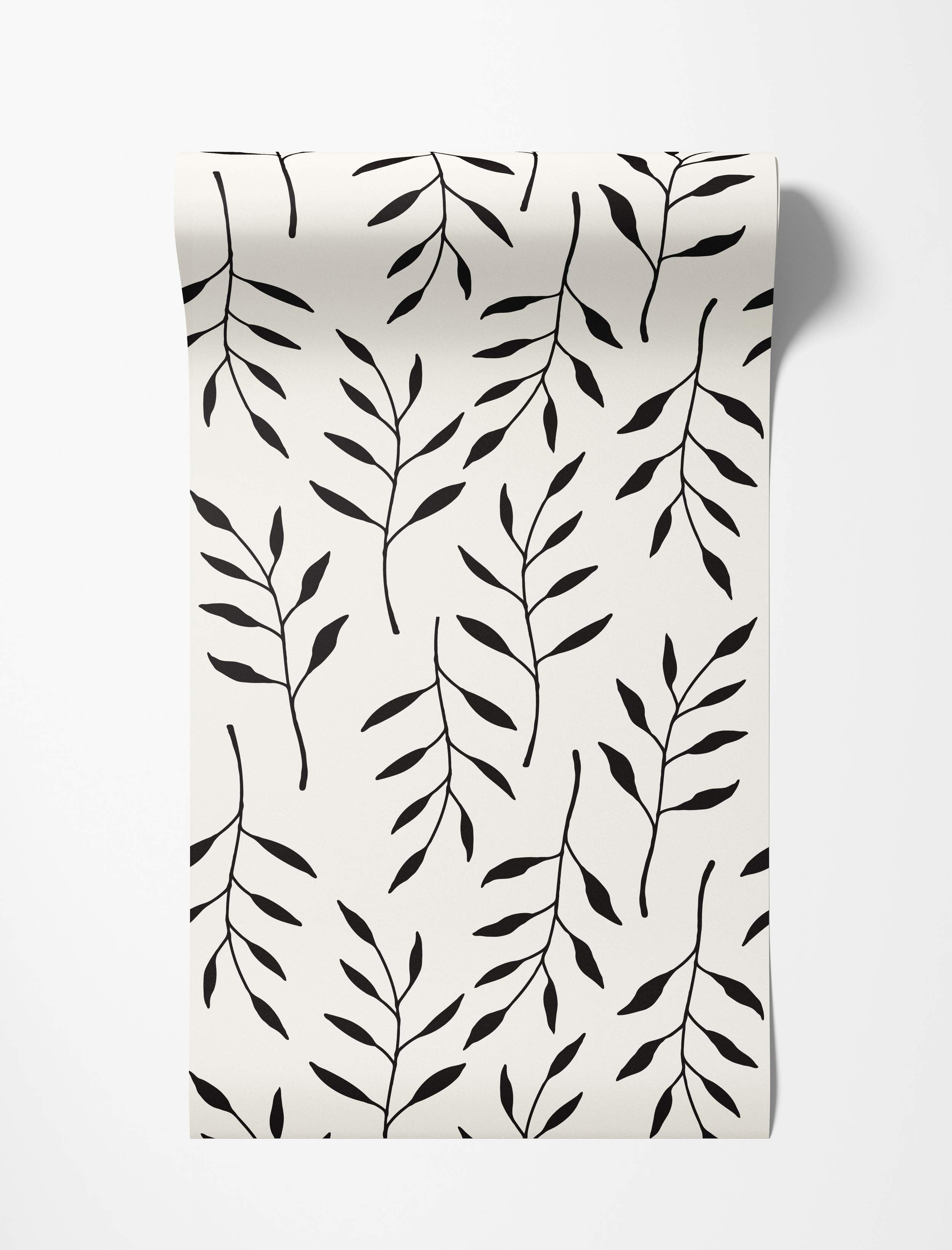 Minimalist wallpaper featuring a repeating pattern of simple black leaf sprigs on a white background.
