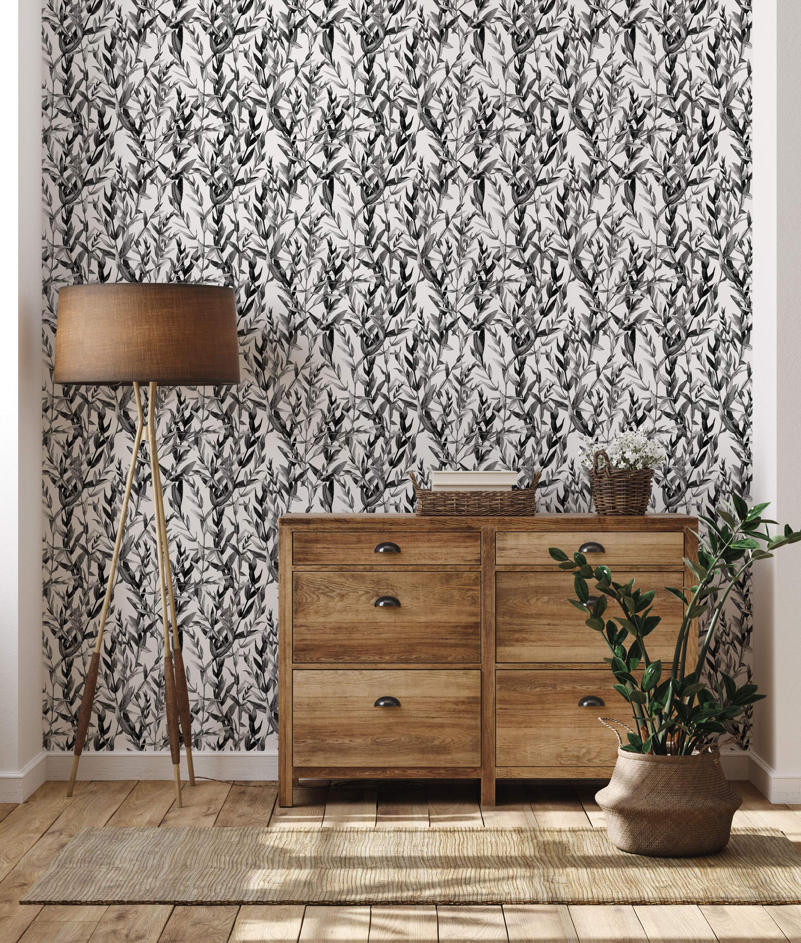 Illustrative wallpaper featuring a repeating dense pattern of sketched foliage leaves in black and grey on a white background.