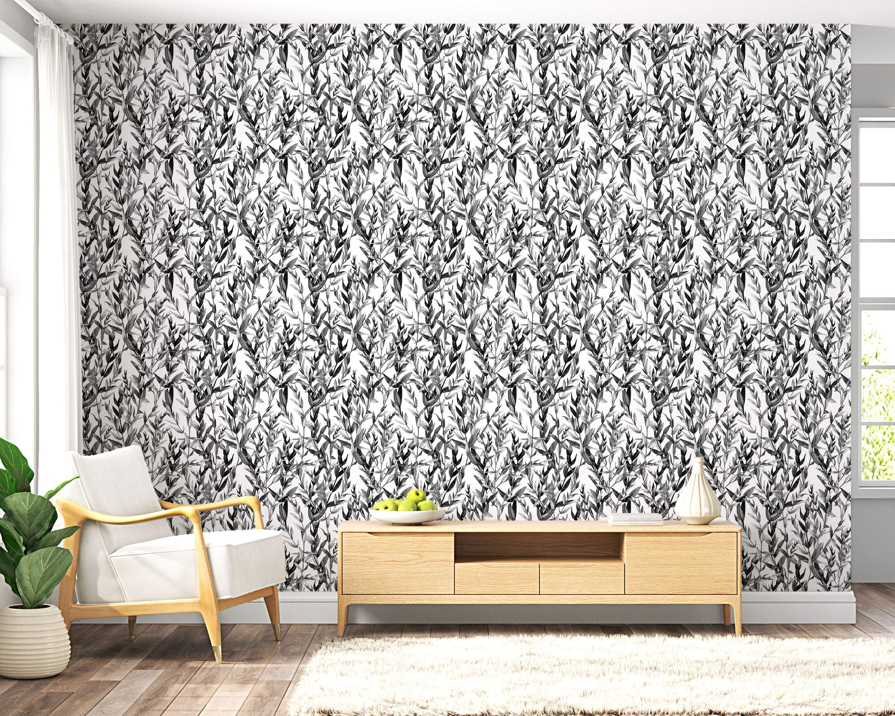 Wallpaper with a detailed botanical leaf pattern rendered in black and white watercolor style.