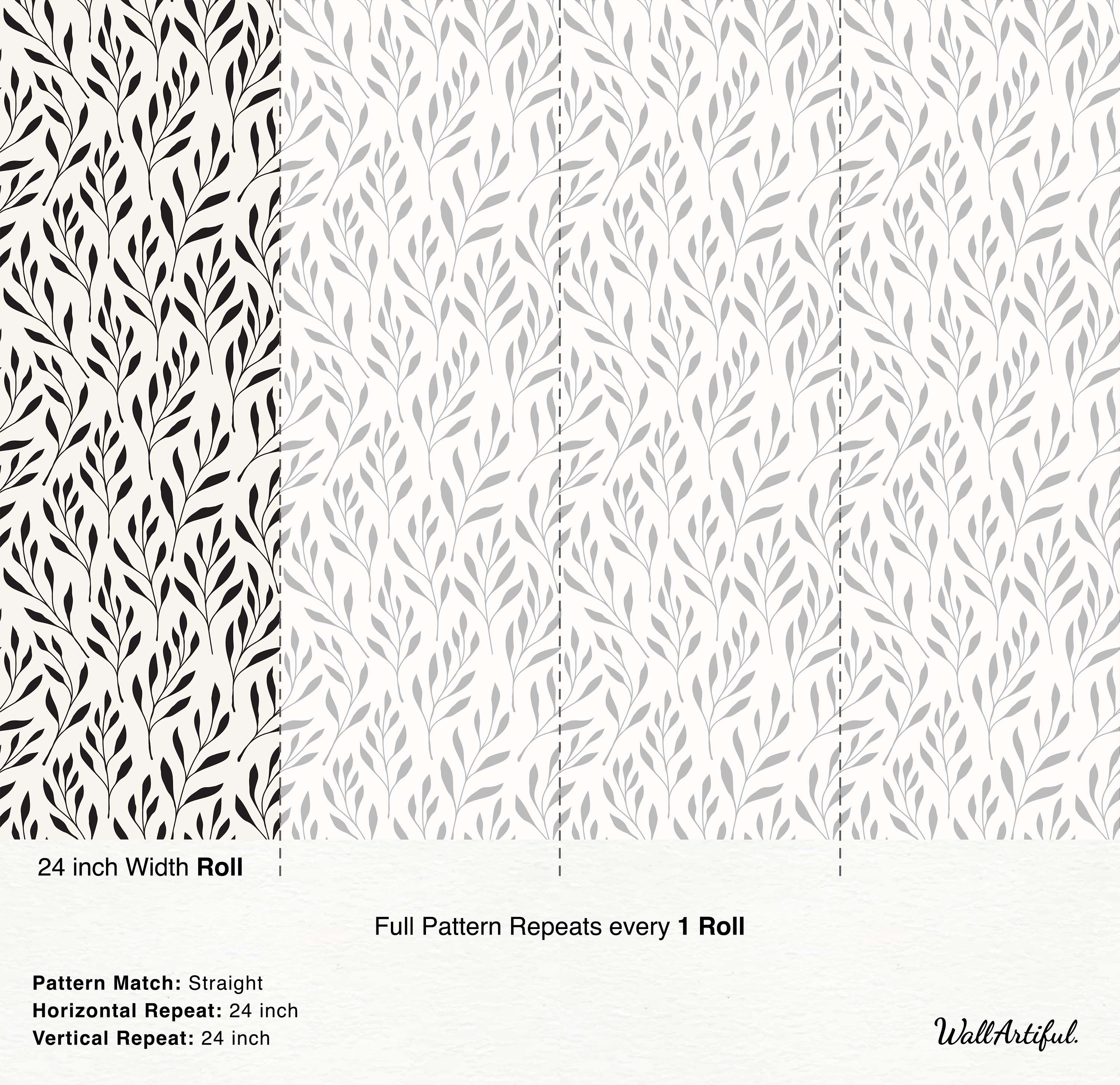 Wallpaper featuring a repeating pattern of stylized black leafy branches on an off-white background.