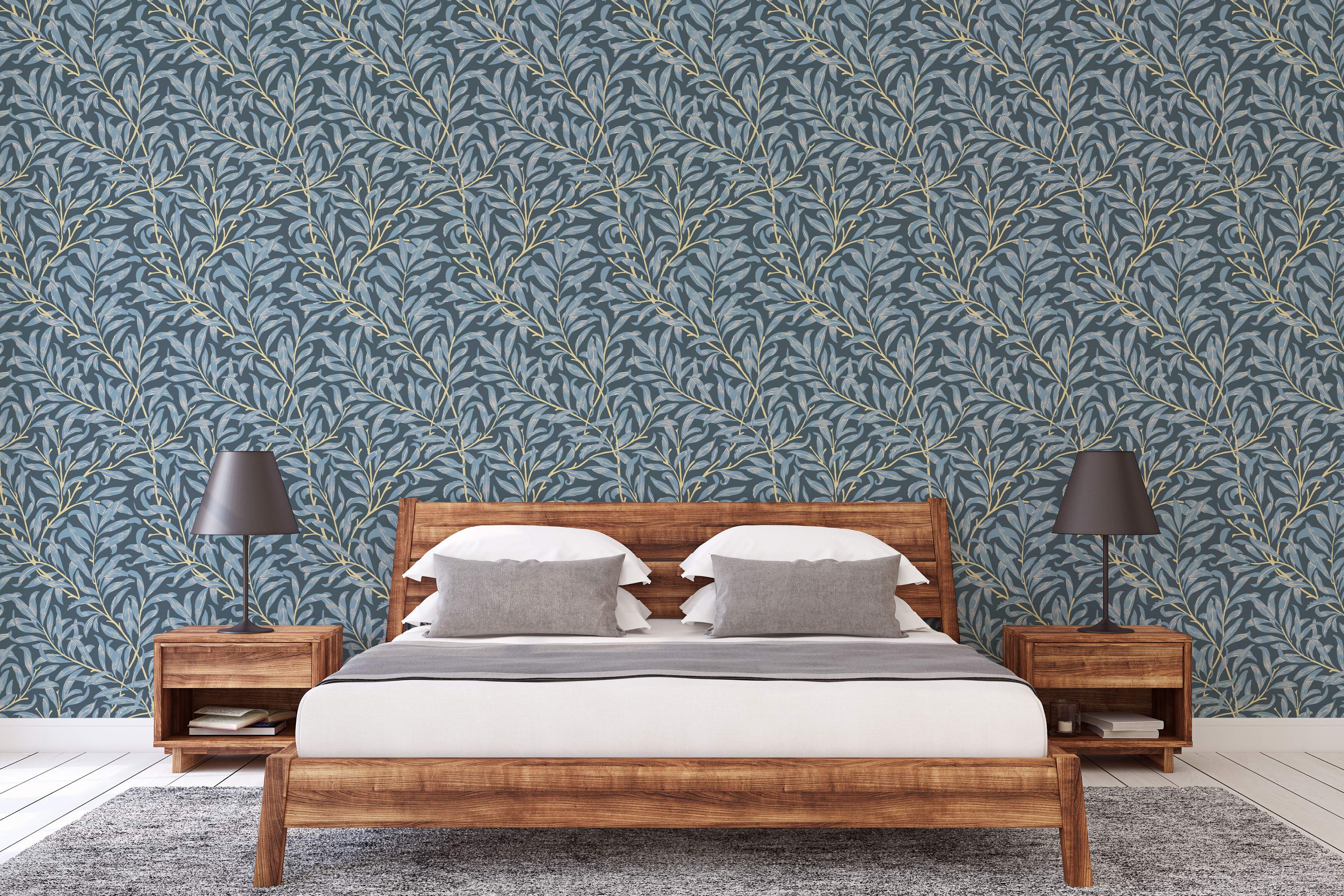 Botanical wallpaper featuring light blue leaves and pale yellow branches intertwined on a dark teal blue background.