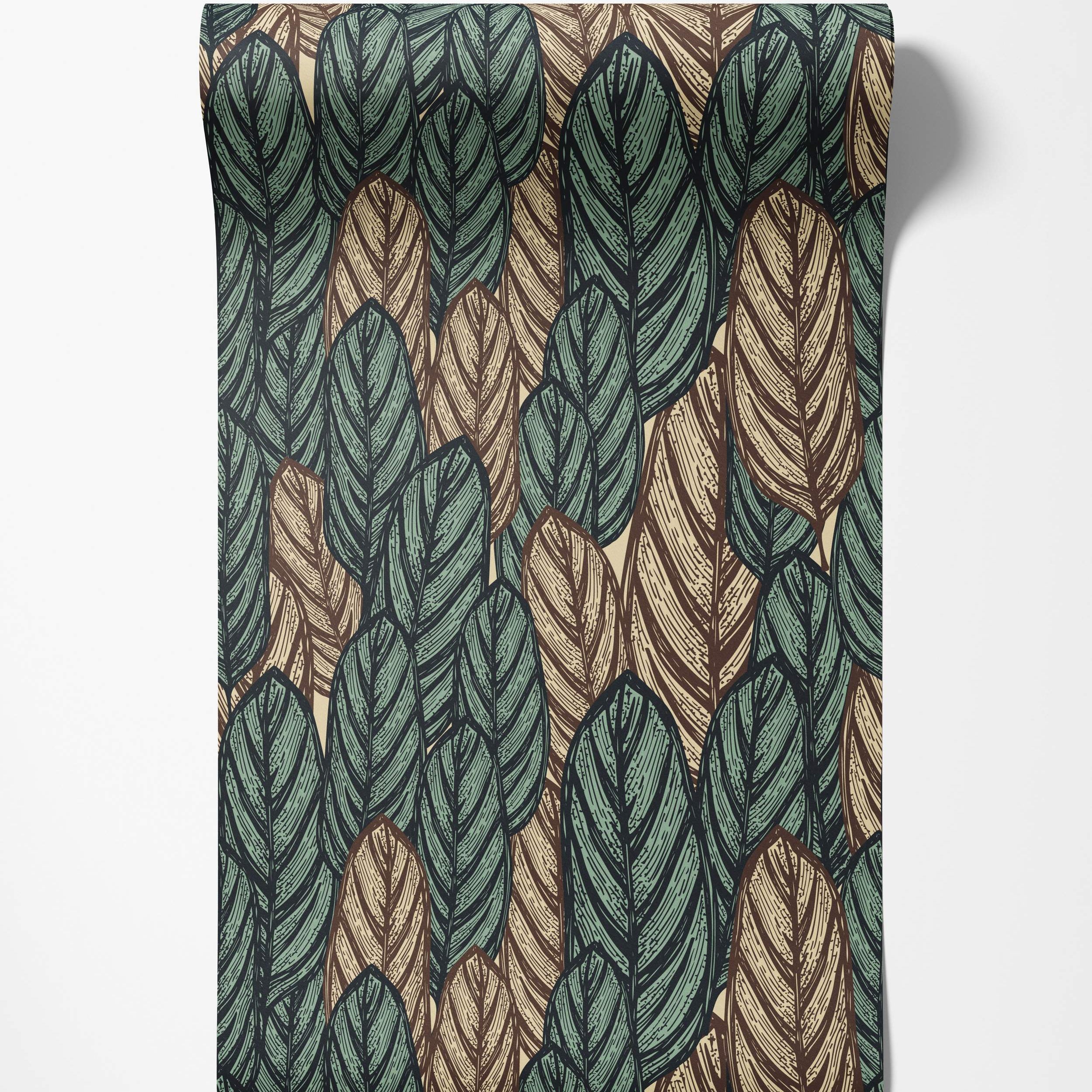 Graphic botanical wallpaper with overlapping leaves in green, brown, and tan, detailed with black linework.