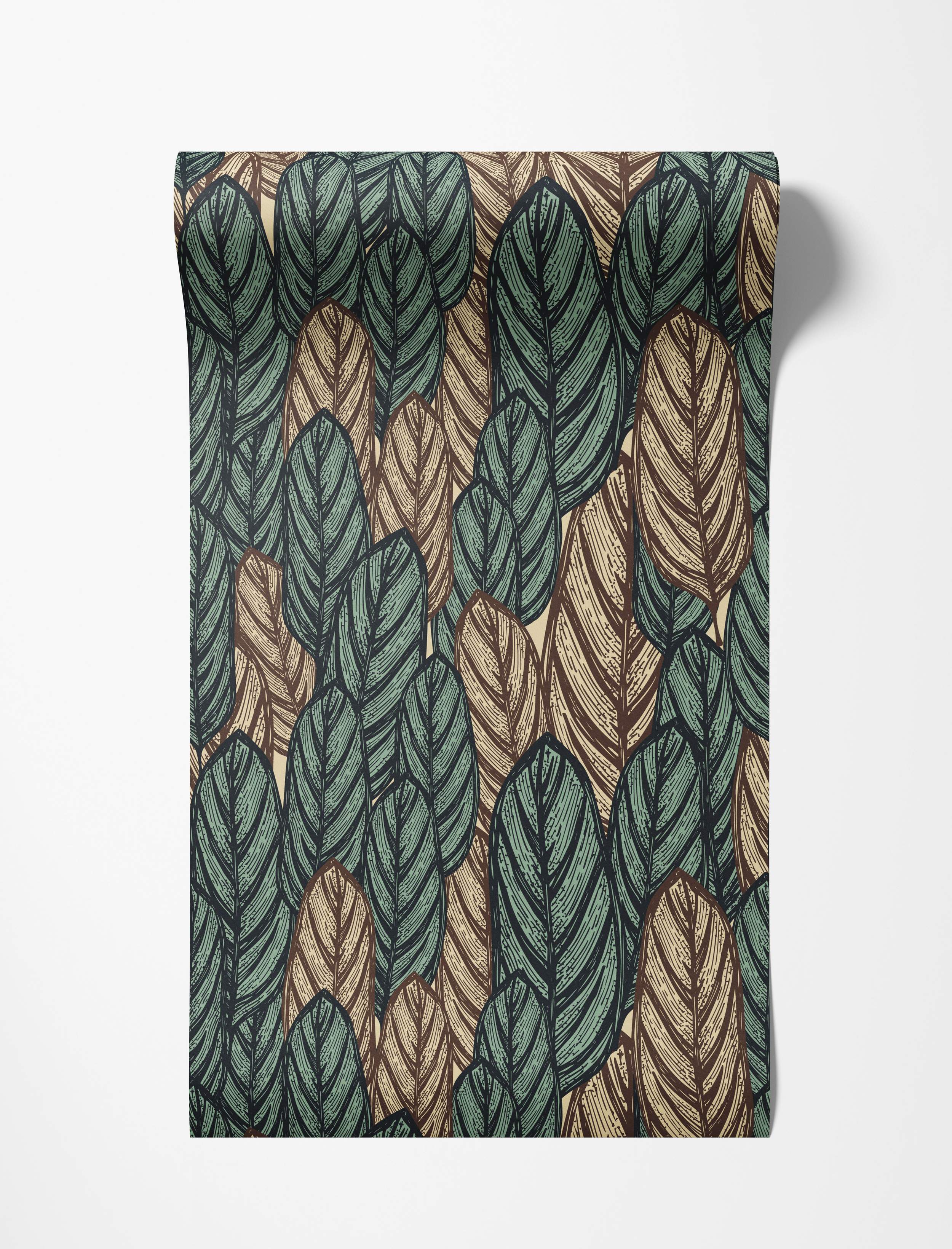 Graphic botanical wallpaper with overlapping leaves in green, brown, and tan, detailed with black linework.