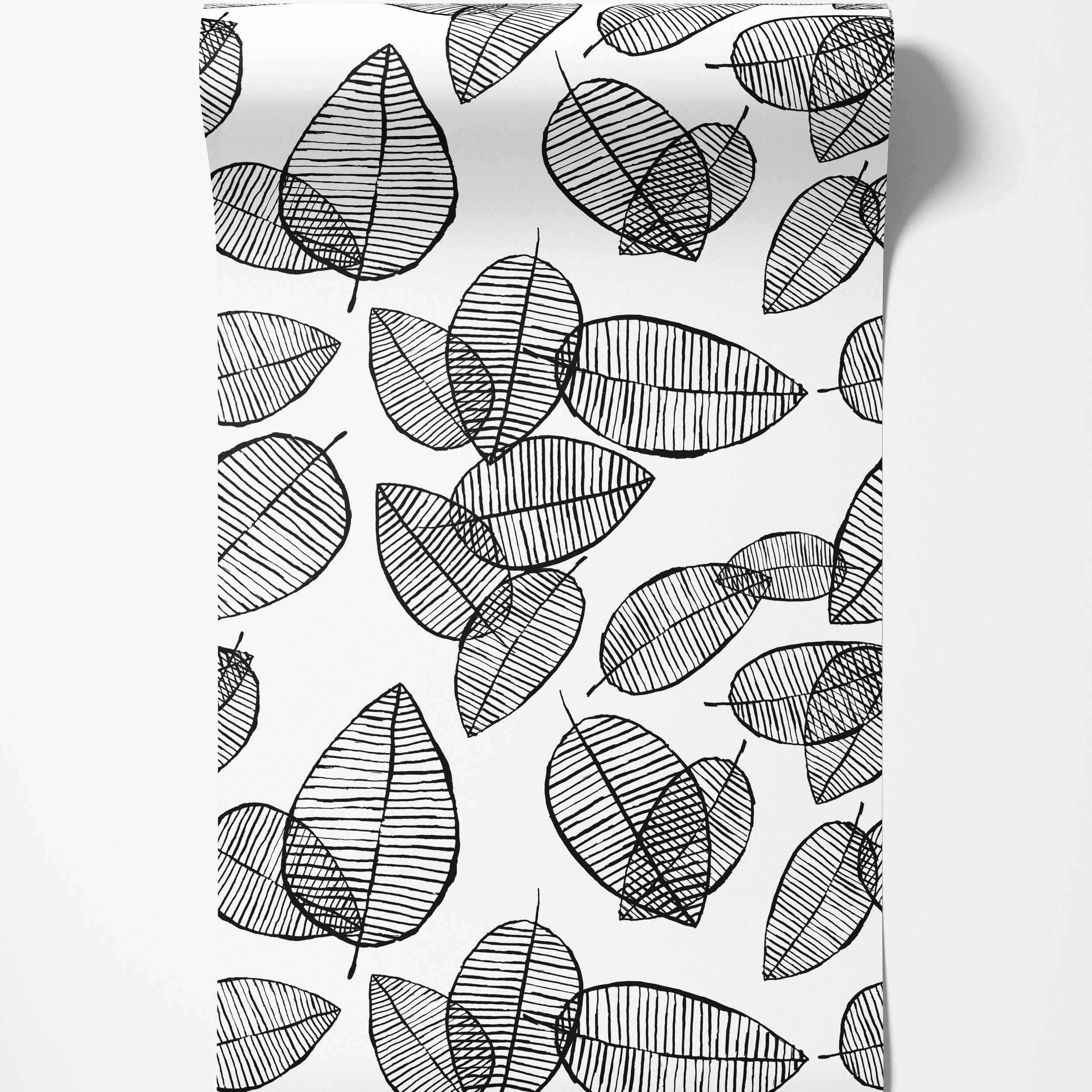Black and white wallpaper displaying a scattered pattern of stylized leaves, each intricately filled with various black line designs.