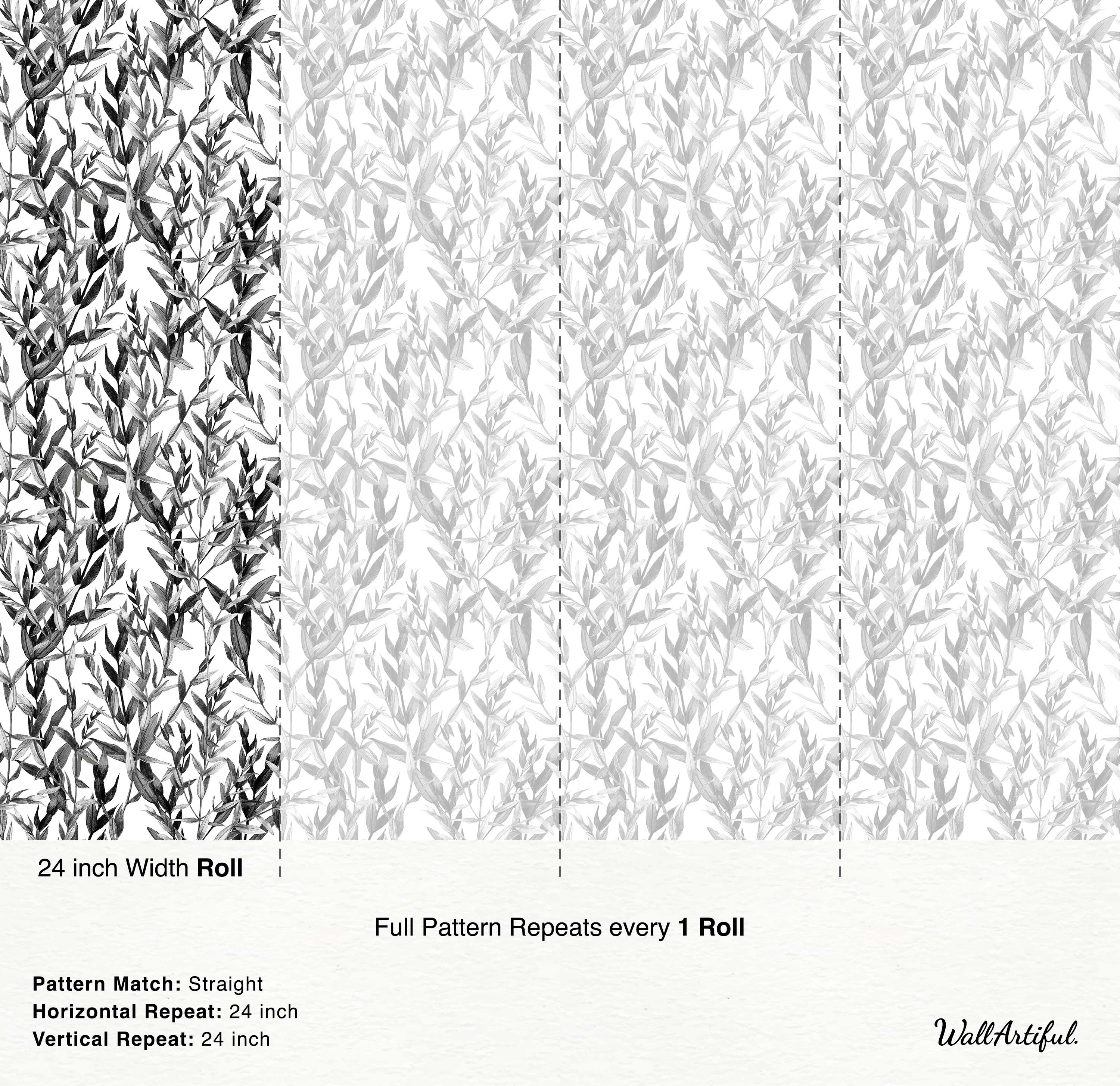 Wallpaper featuring a sketched botanical pattern of leaves and stems in a monochromatic black, white, and gray palette.