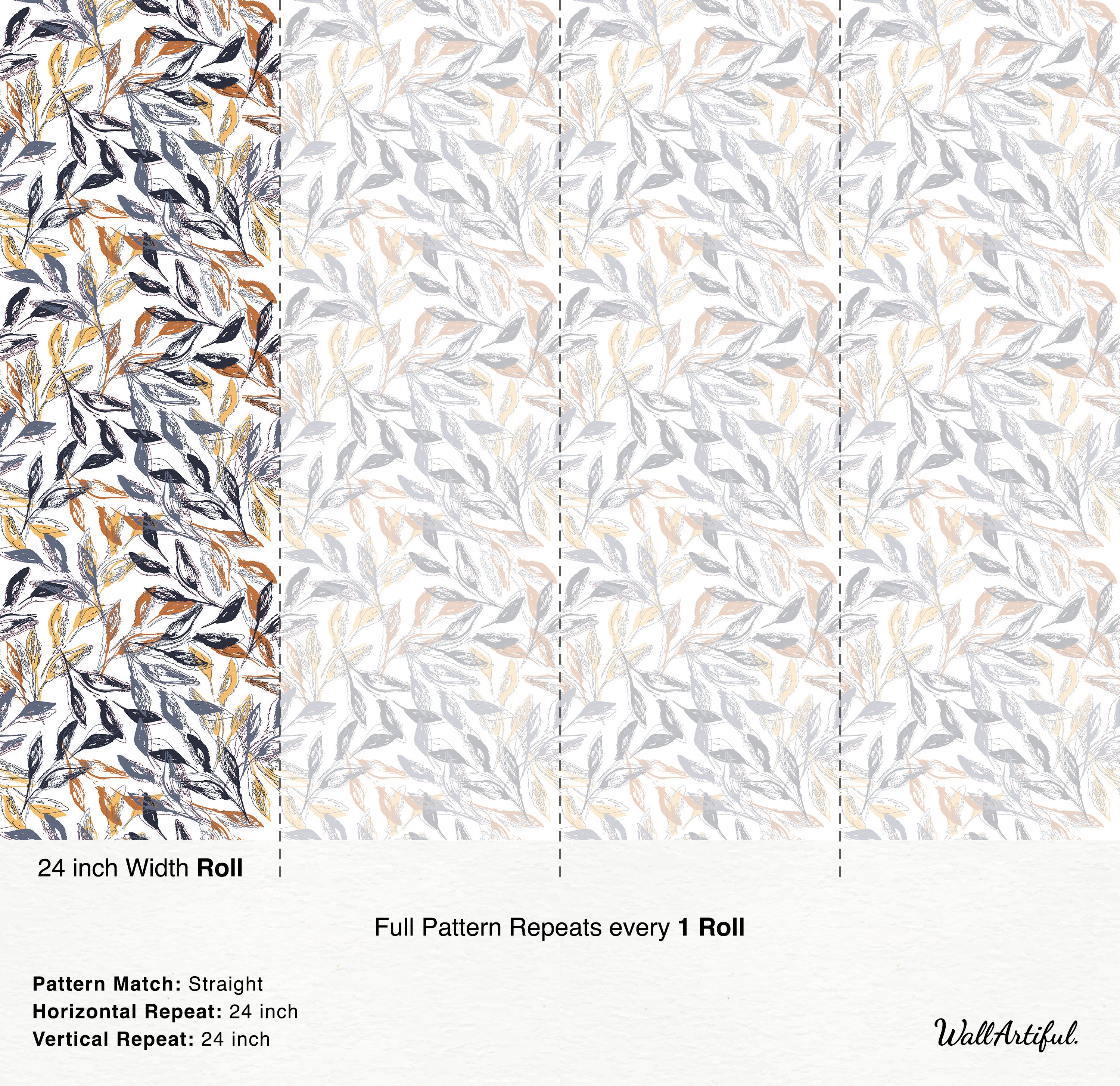 Sketchy wallpaper with overlapping leaves in dark gray, light gray, orange, and pale yellow on a white background.