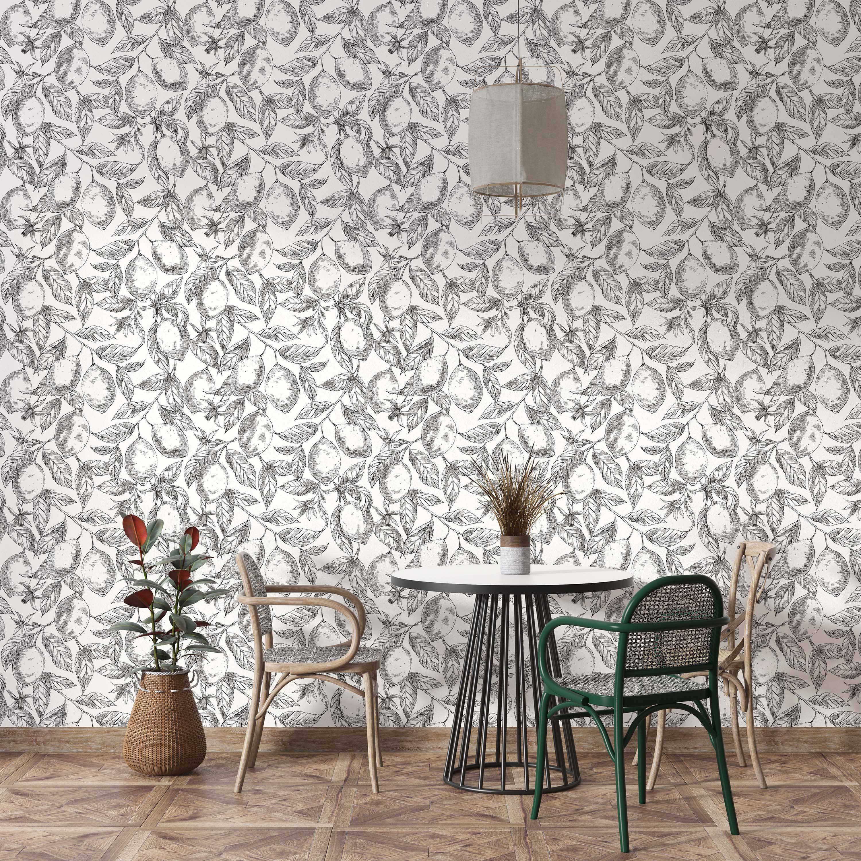 Botanical wallpaper featuring a black and white sketch pattern of lemons, leaves, and blossoms.