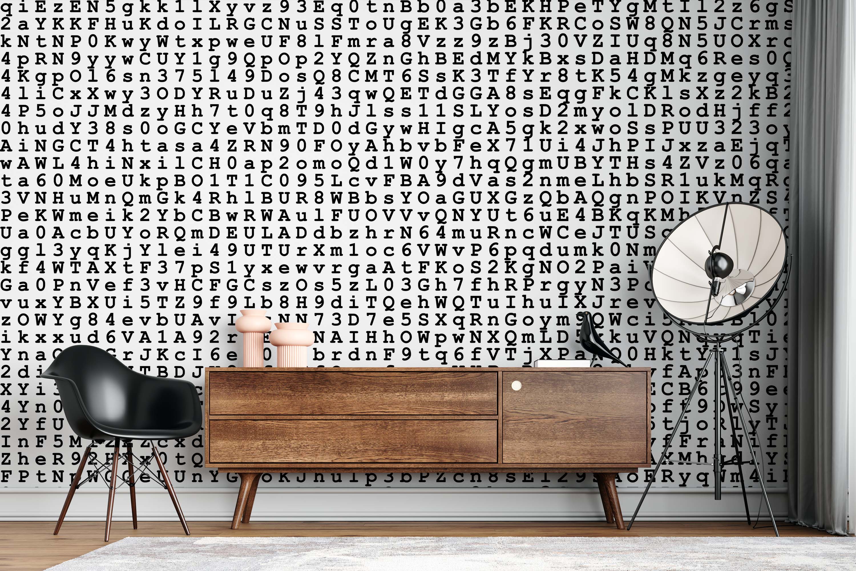 Wallpaper with a repeating pattern of black capital letters and numbers in a typewriter-style font on a light gray background.