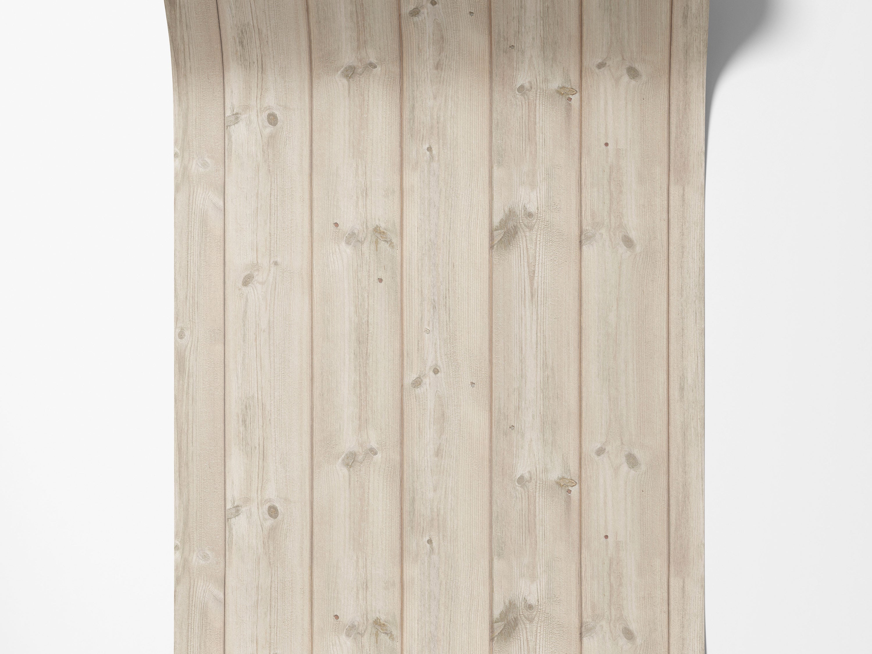 Wallpaper featuring a realistic light wood plank pattern with vertical boards, natural grain, and knot details.