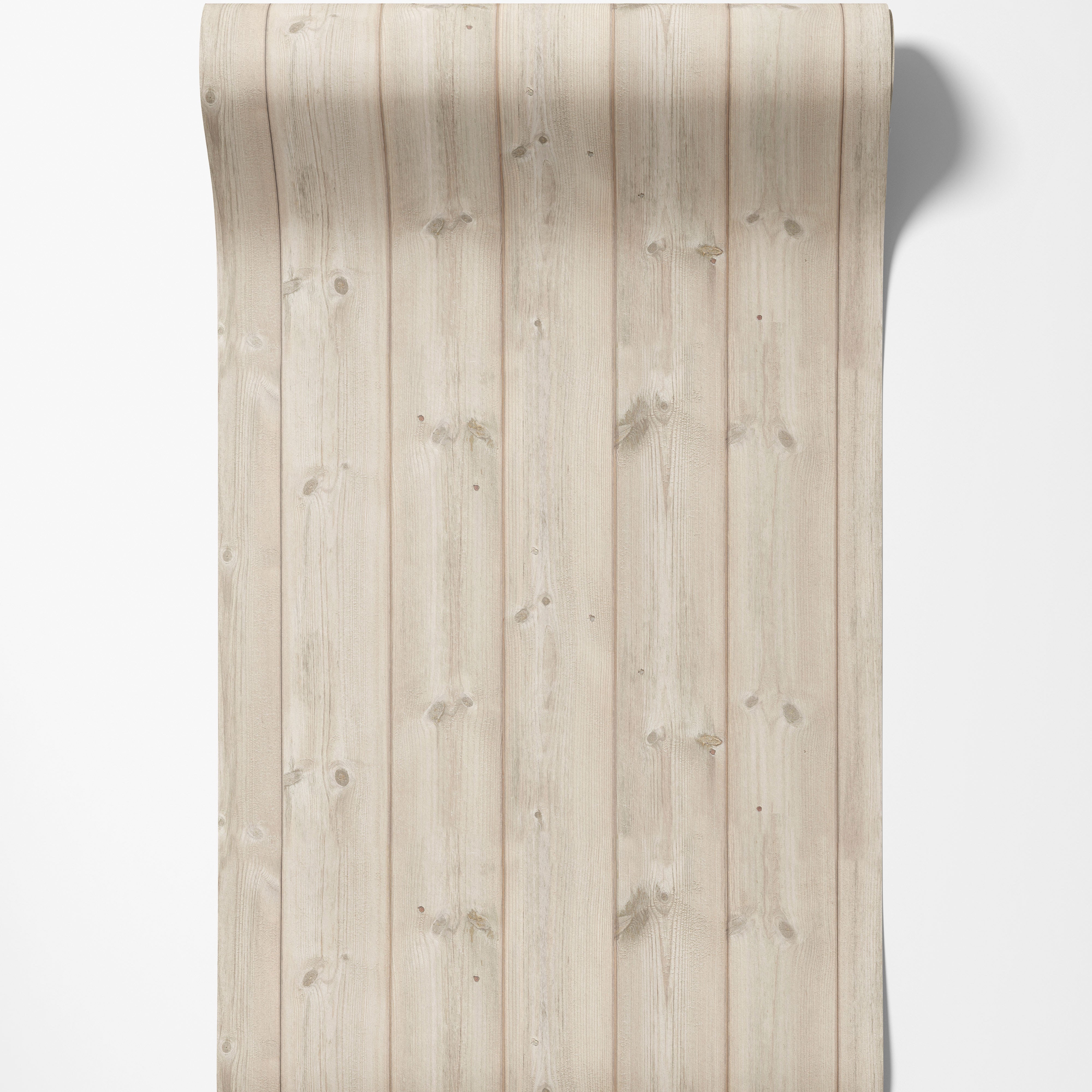 Wallpaper featuring a realistic light wood plank pattern with vertical boards, natural grain, and knot details.