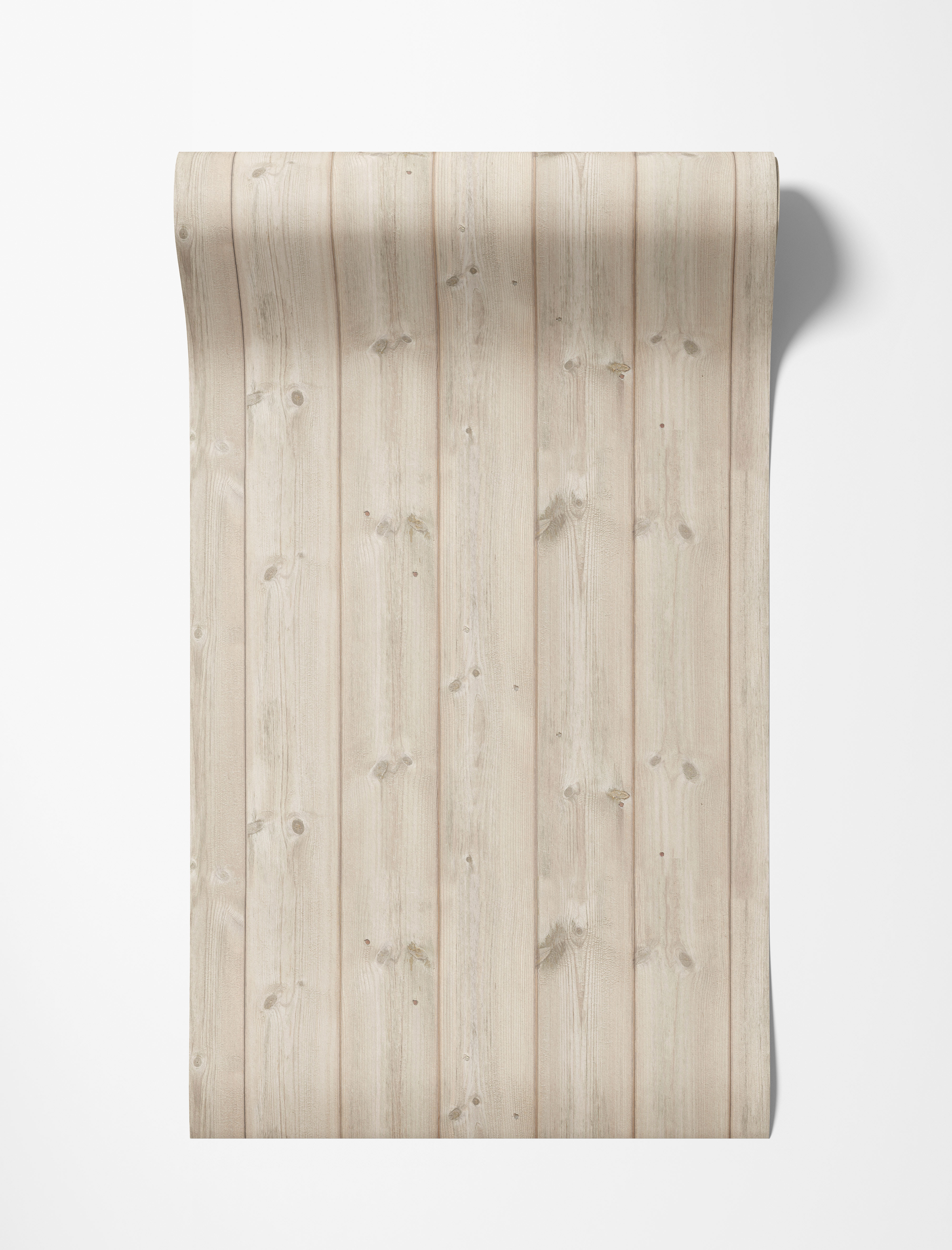 Wallpaper featuring a realistic light wood plank pattern with vertical boards, natural grain, and knot details.