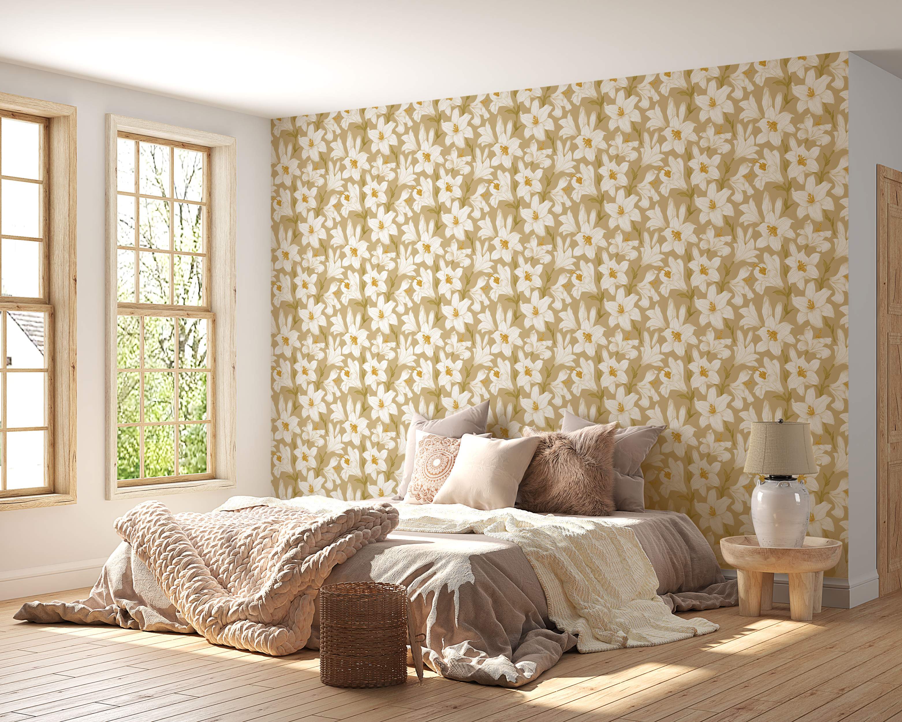 Wallpaper features a repeating pattern of white lily flowers with green stems and yellow centers on a warm beige background.