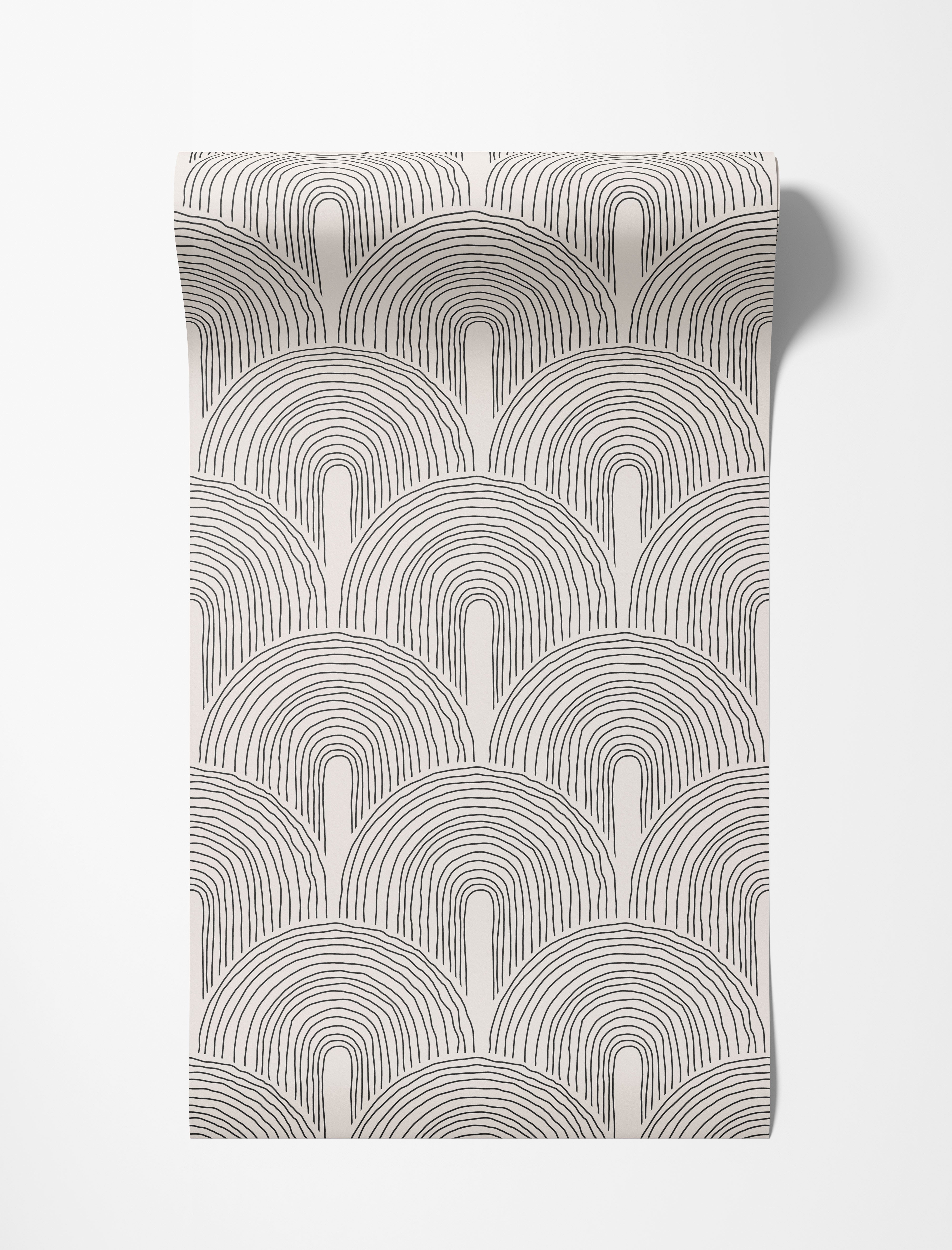 Wallpaper with a pattern of hand-drawn black nested U-shapes on a cream background, forming overlapping arches.