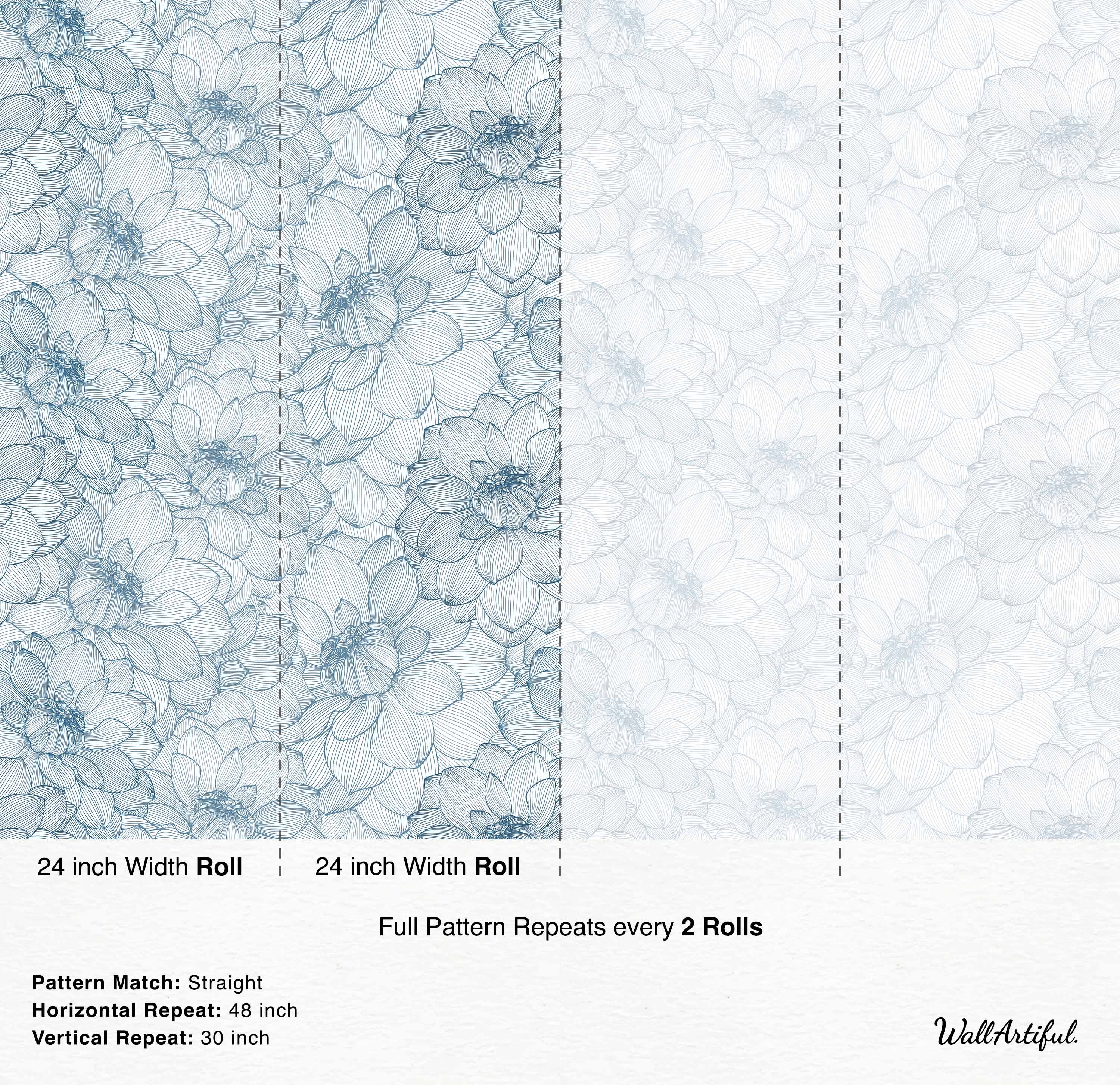 Wallpaper featuring a repeating pattern of detailed blue line art dahlia flowers on a white background.