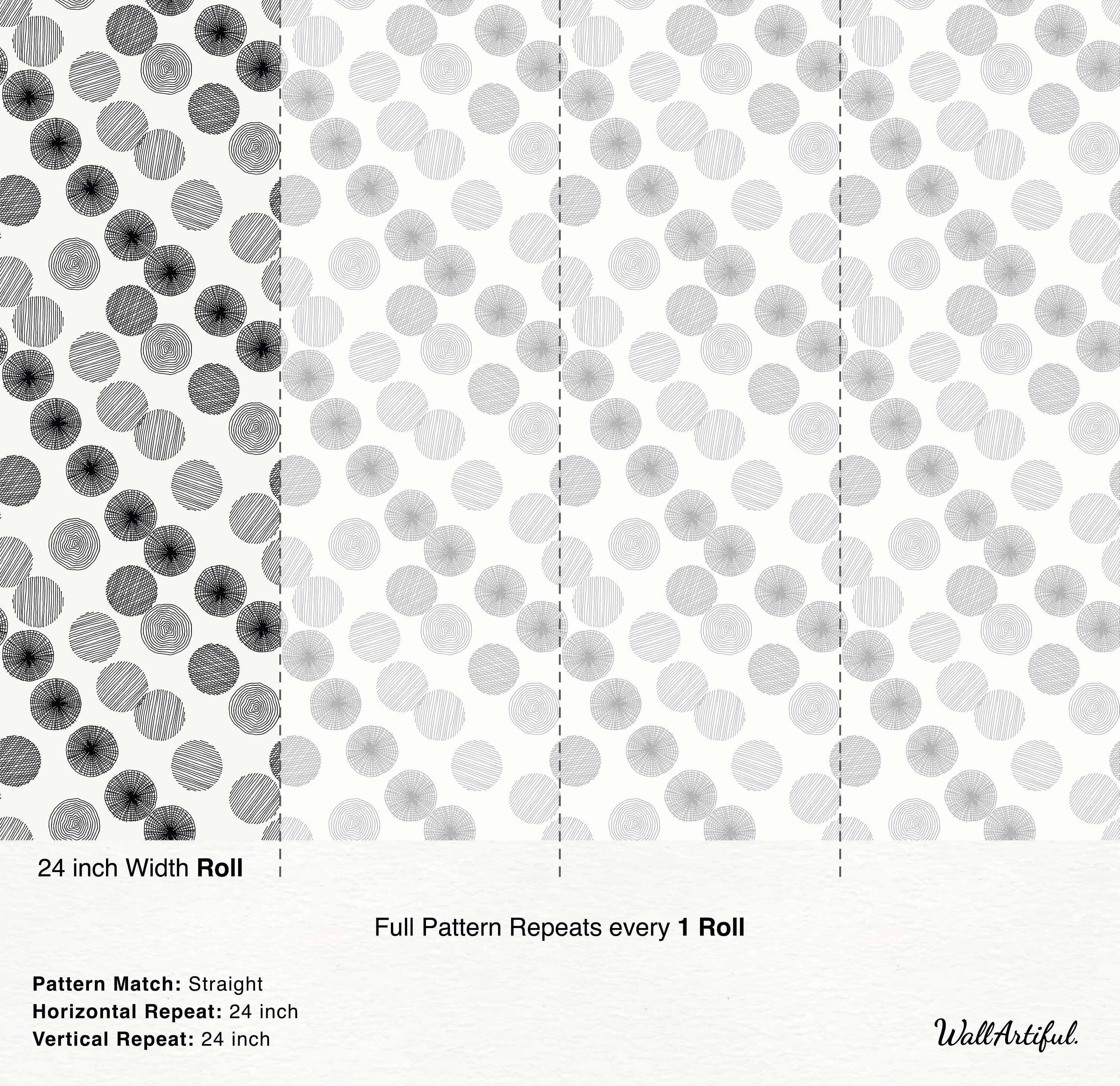 Wallpaper featuring scattered hand-drawn circles filled with black line patterns like concentric rings, radials, and hatching on a white background.