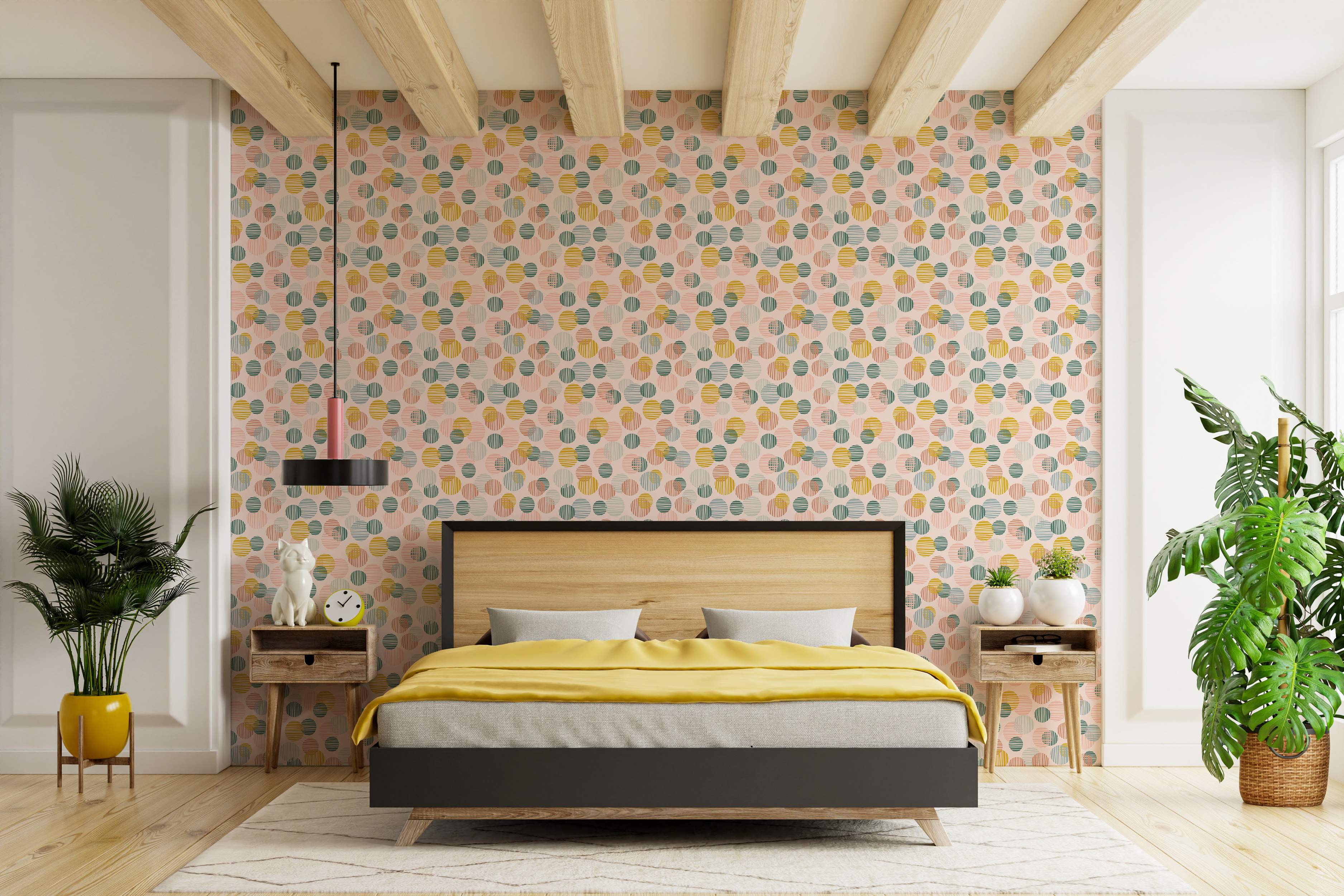 Wallpaper featuring overlapping, line-textured circles in yellow, teal, light blue, and pink on a pale pink background.