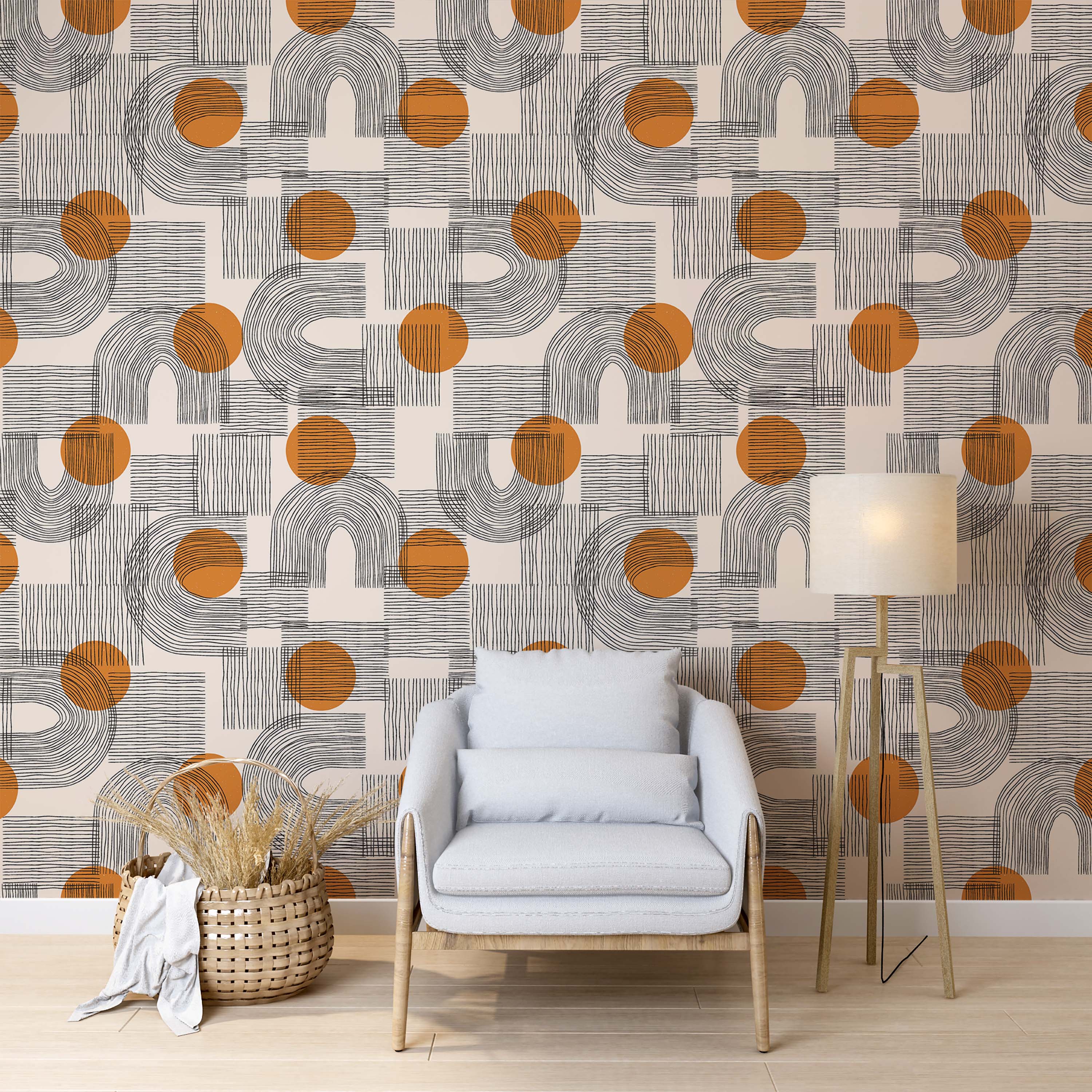 Geometric wallpaper with black linear arches and lines, accented by orange circles, on a pale beige field.