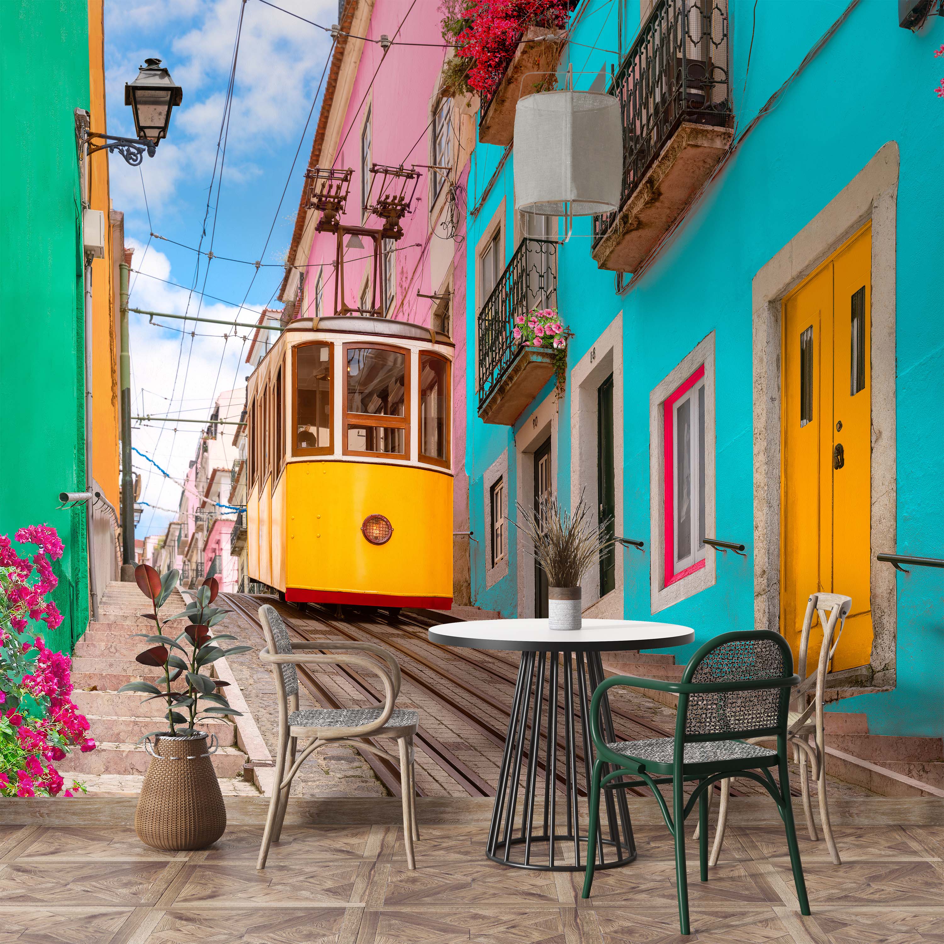 A vibrant mural of a yellow tram on a steep street, surrounded by colorful buildings in turquoise, pink, and green.