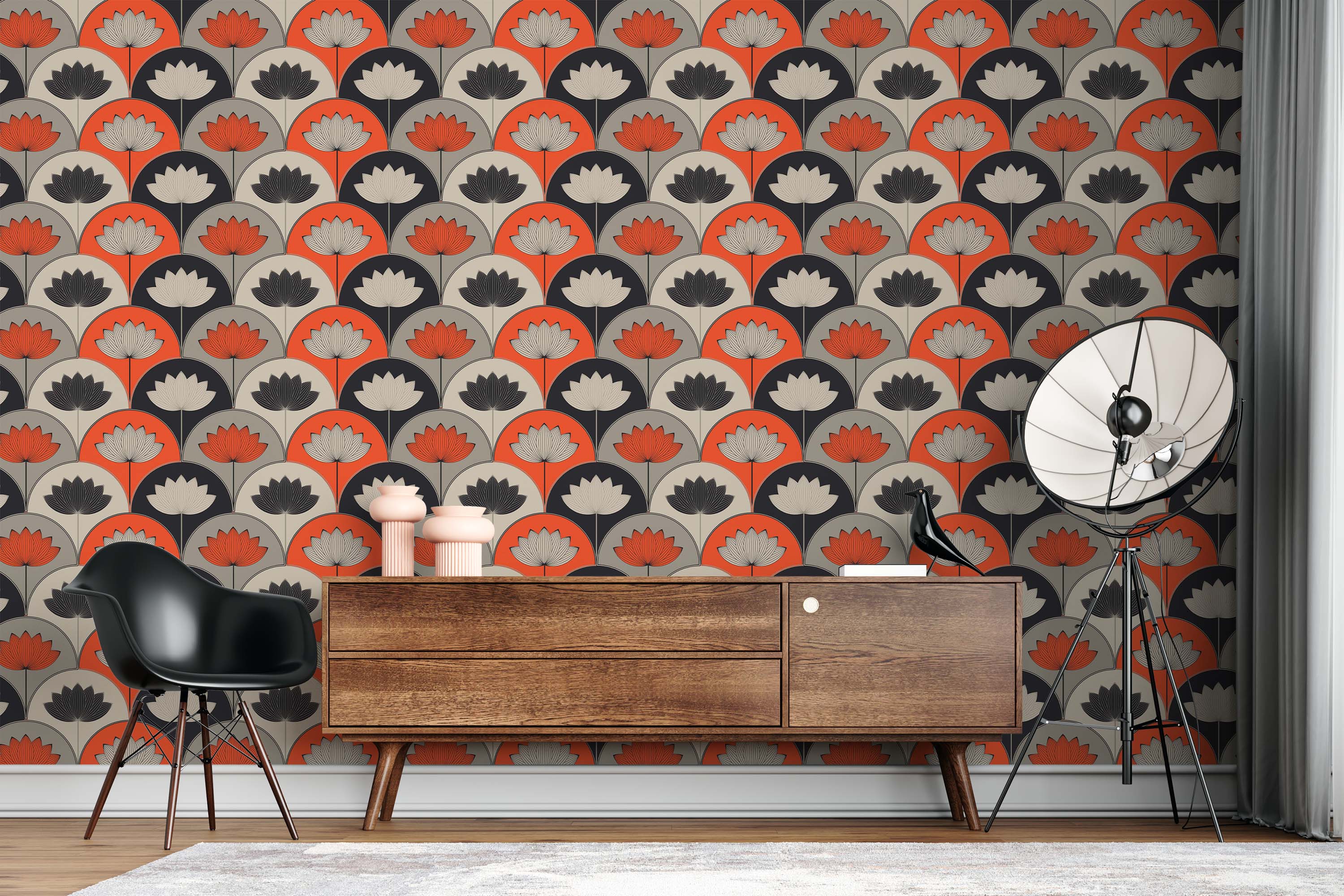 Art Deco style wallpaper with a scallop pattern of stylized lotus flowers in orange, black, beige, and gray.