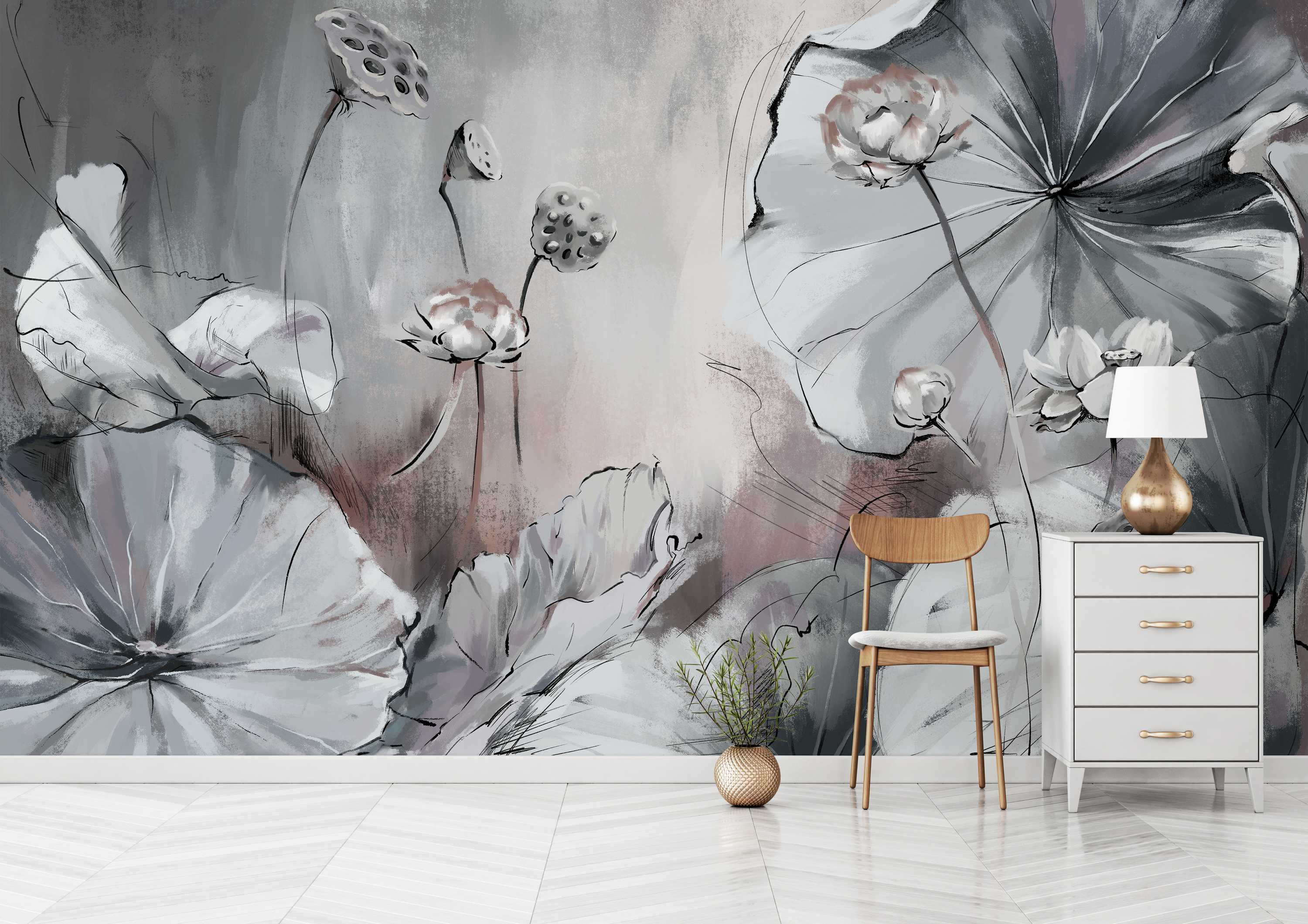 A large-scale mural depicting lotus blooms and pads in a sketchy, painterly style using grey, white, and soft pink hues.