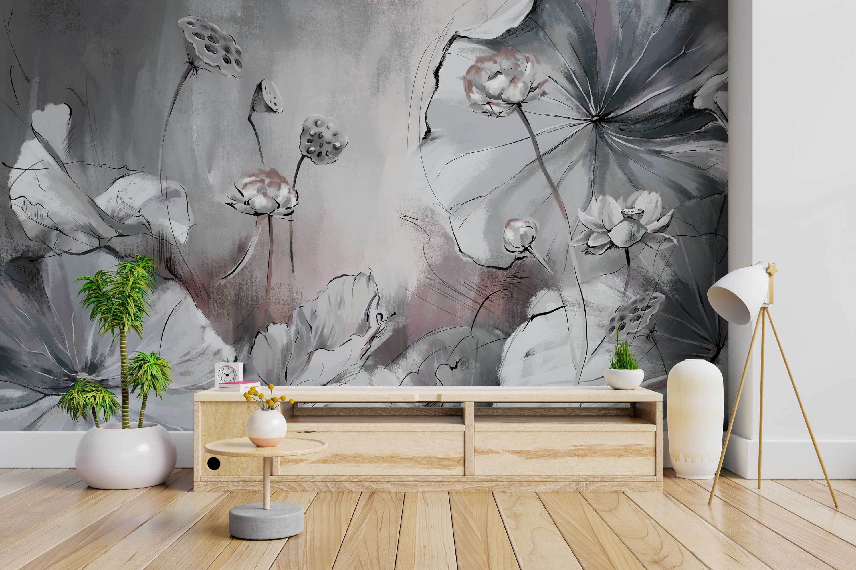 Mural depicting sketched lotus flowers and seed pods in various shades of gray and white, with touches of muted pink.