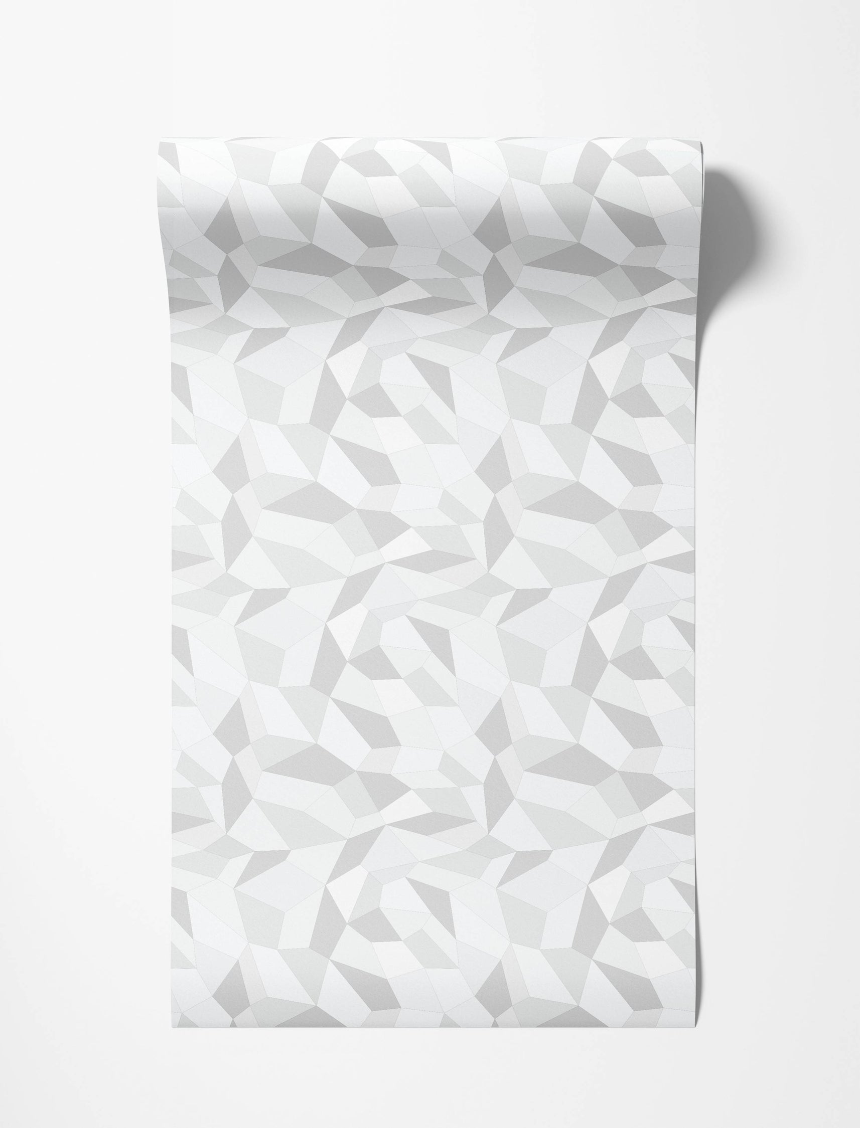 Low-poly geometric wallpaper with angular shapes in white and light gray, creating a modern, textured effect.