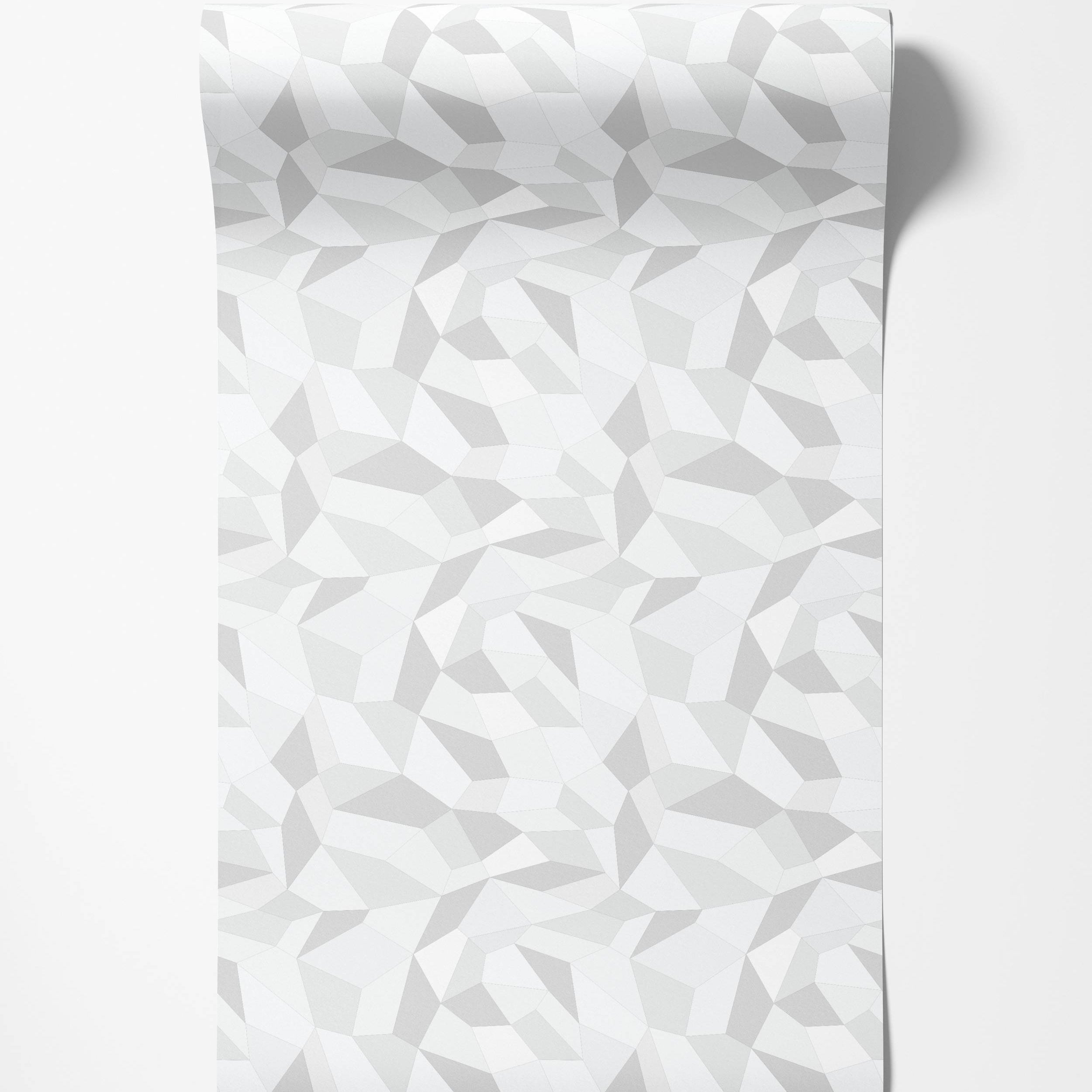 Low-poly geometric wallpaper with angular shapes in white and light gray, creating a modern, textured effect.