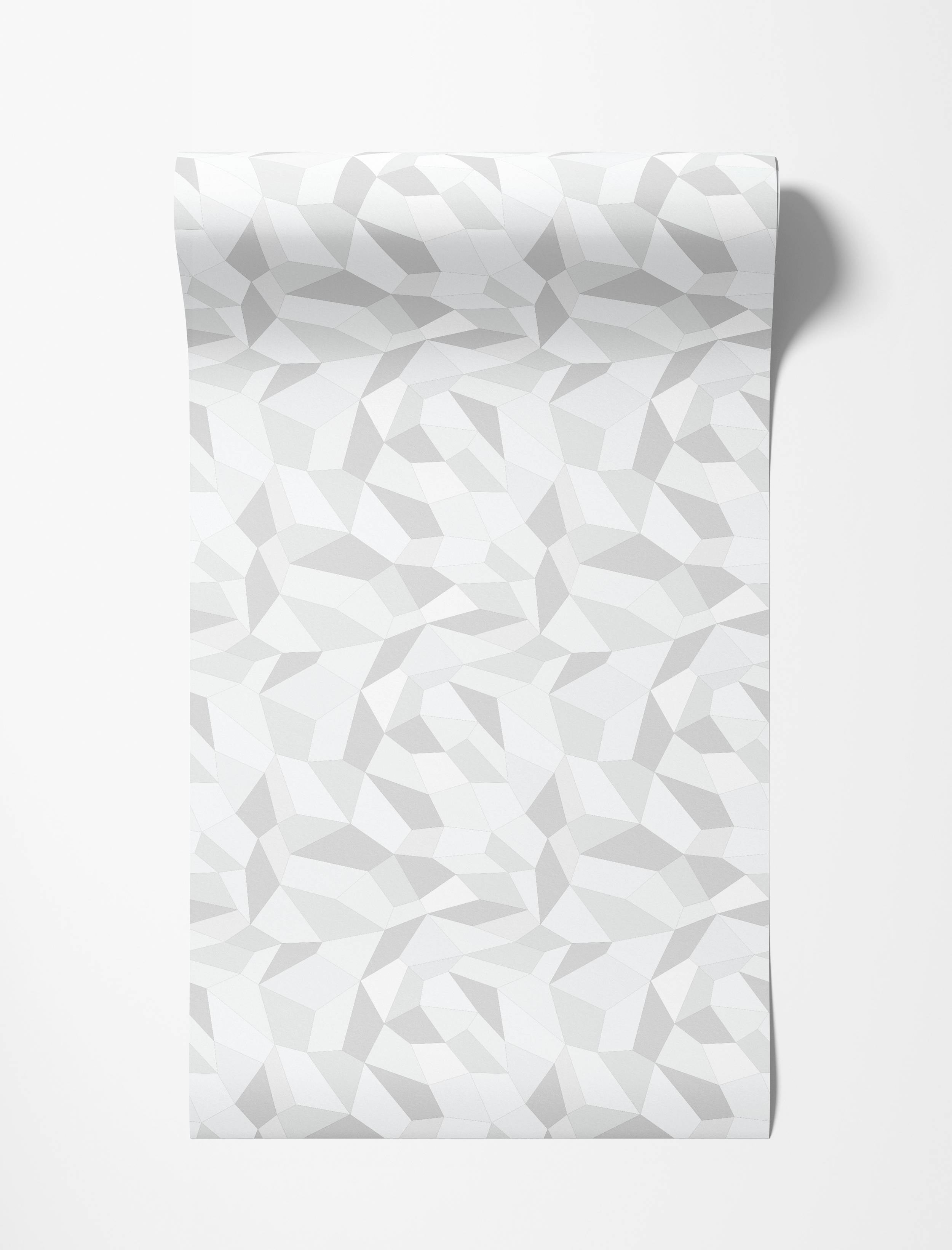 Low-poly geometric wallpaper with angular shapes in white and light gray, creating a modern, textured effect.