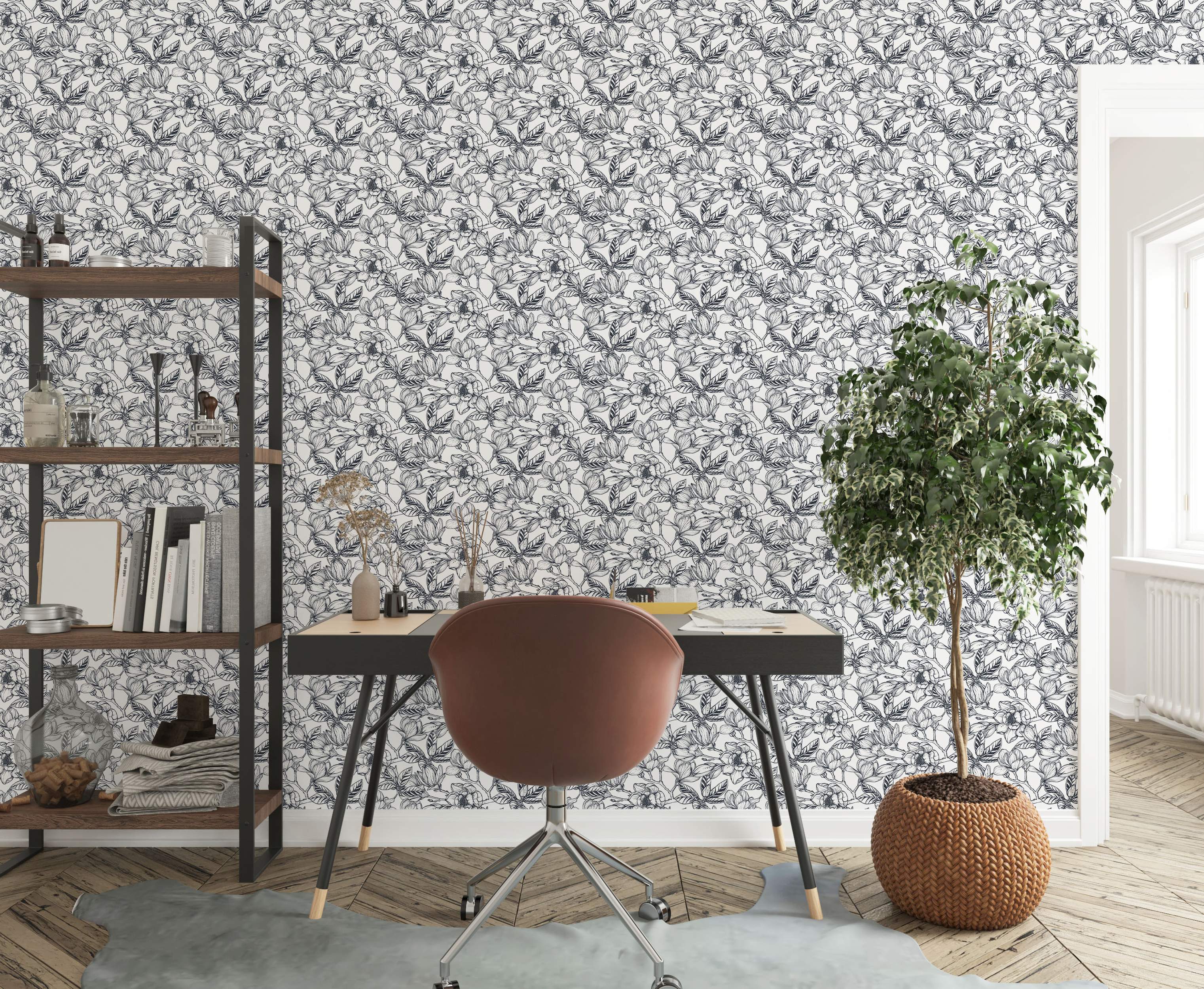 Sketch-style wallpaper featuring black outlined magnolia flowers and leaves in a repeating pattern on a white background.