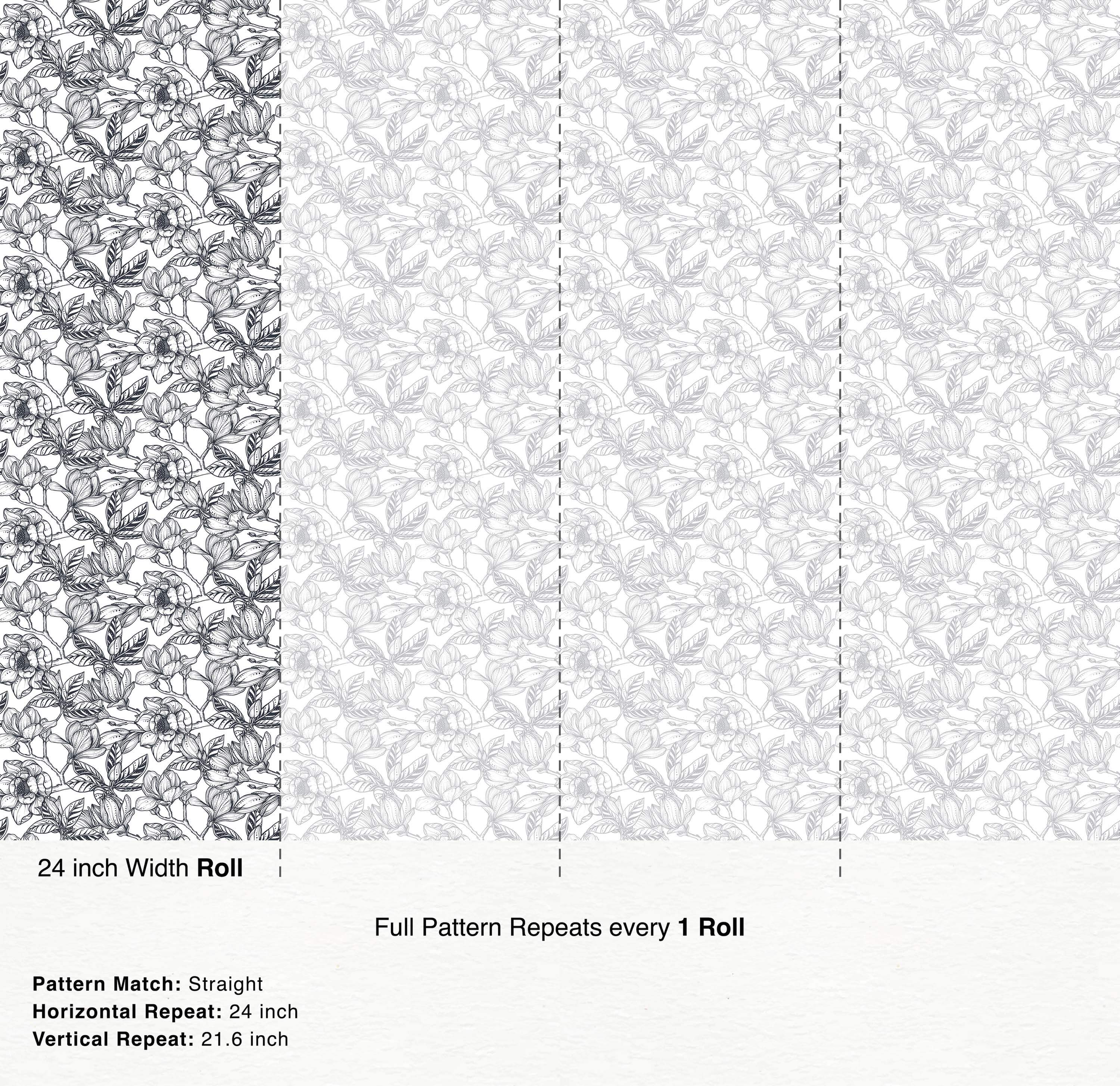 Wallpaper featuring a detailed black and white line art pattern of magnolia blooms and foliage.