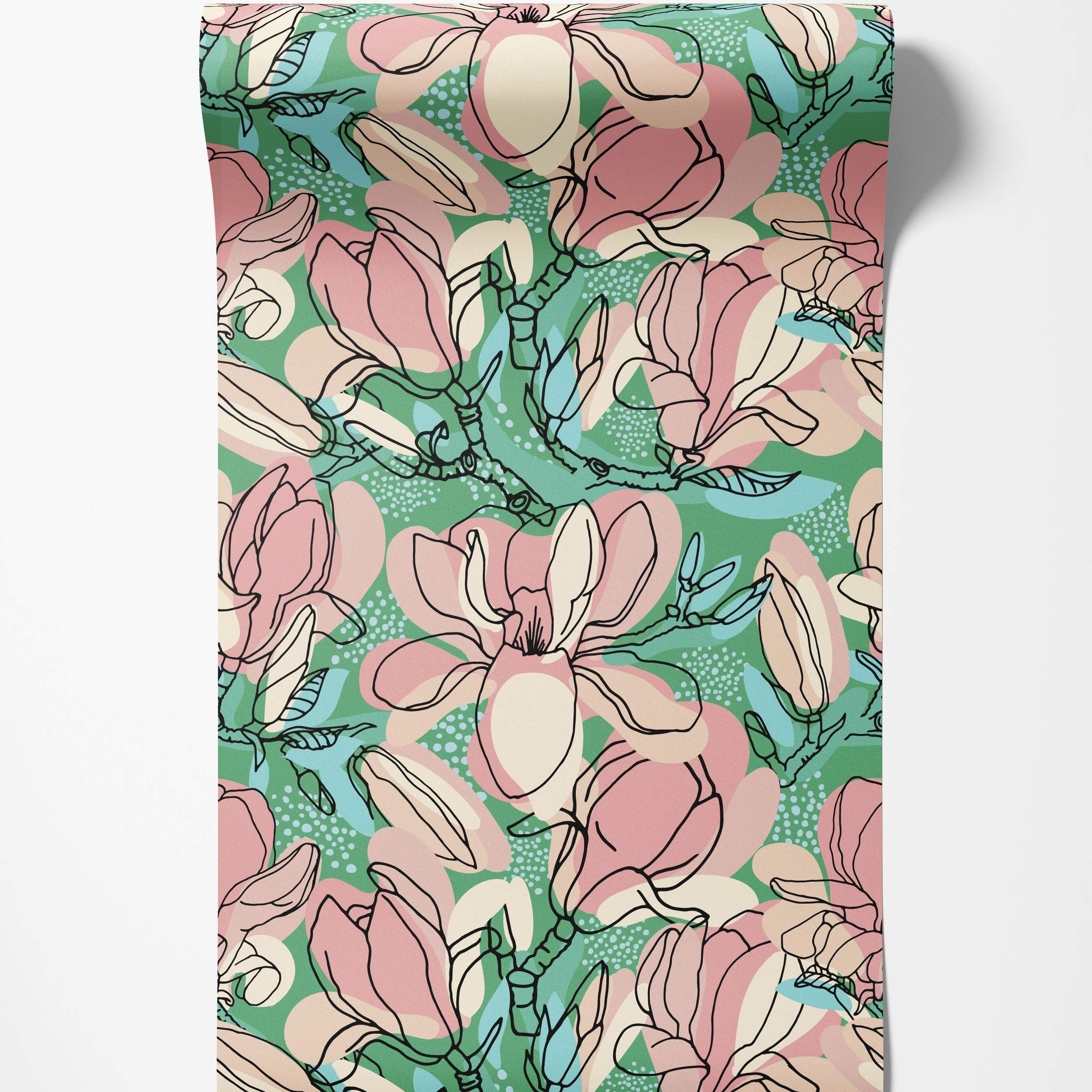 Wallpaper features stylized magnolia flowers in pink and cream with black outlines on a green background with blue accents.