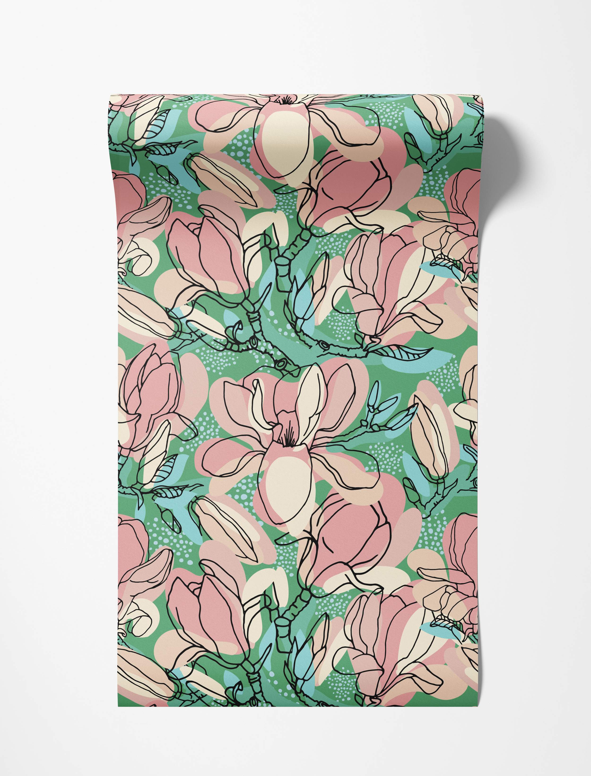 Wallpaper features stylized magnolia flowers in pink and cream with black outlines on a green background with blue accents.