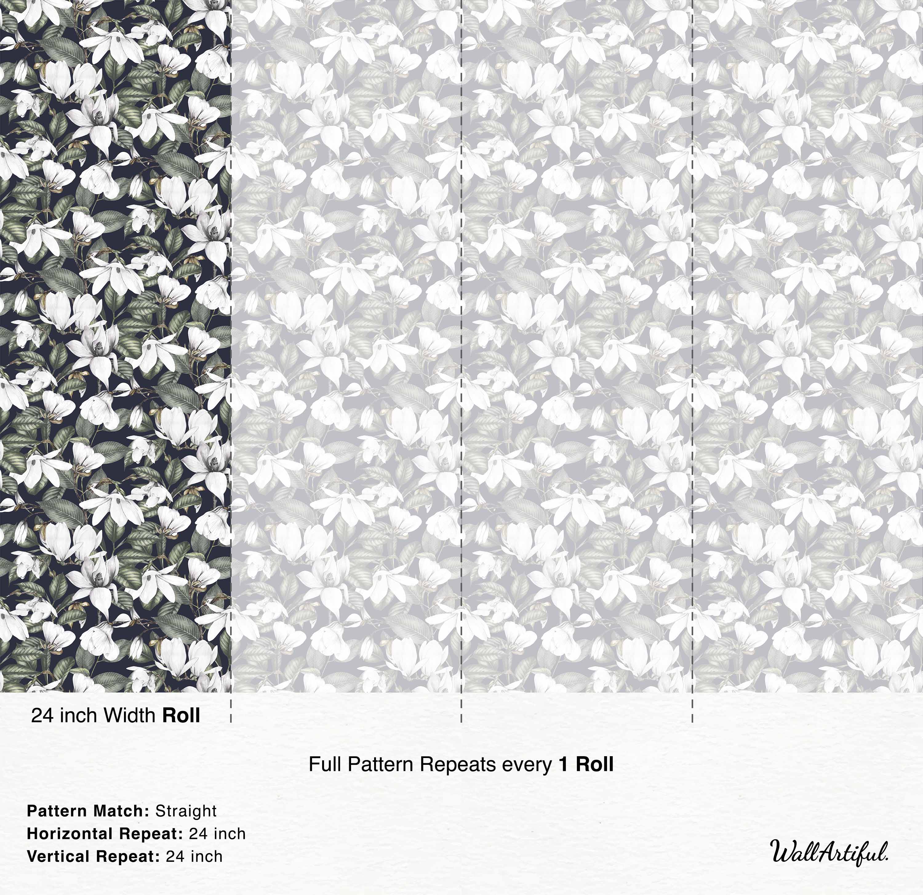 Dense floral wallpaper featuring detailed white magnolia blossoms and green leaves against a very dark navy background.