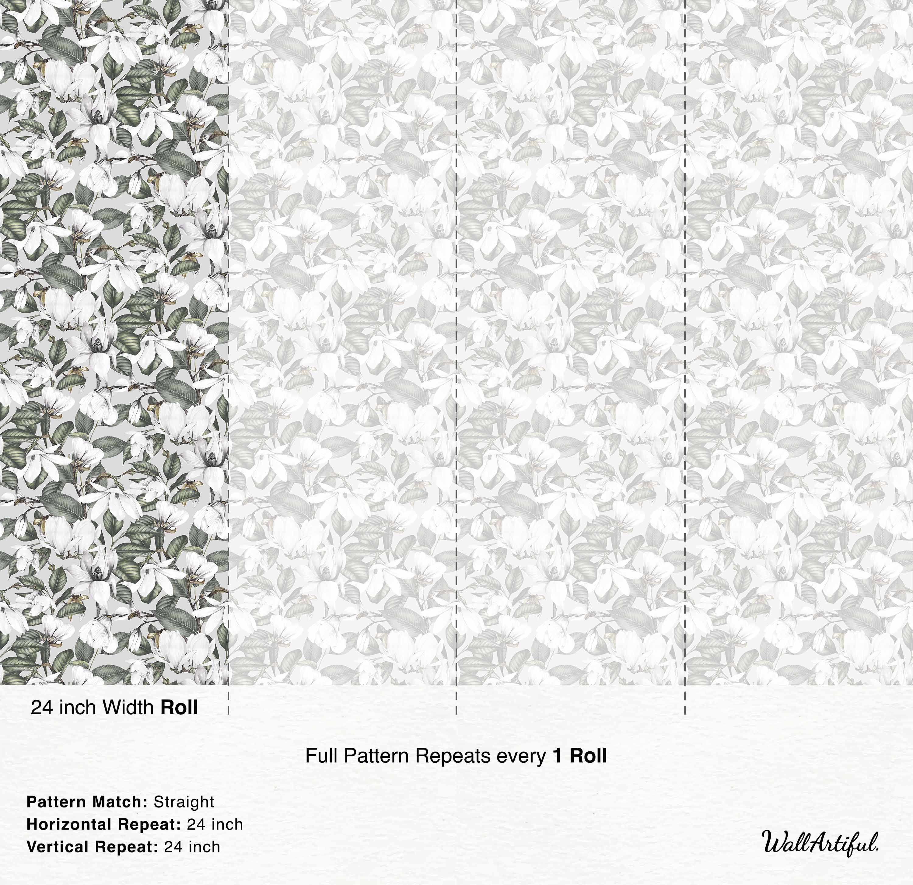 Botanical wallpaper with illustrated white magnolia flowers and green leaves on a light gray background.