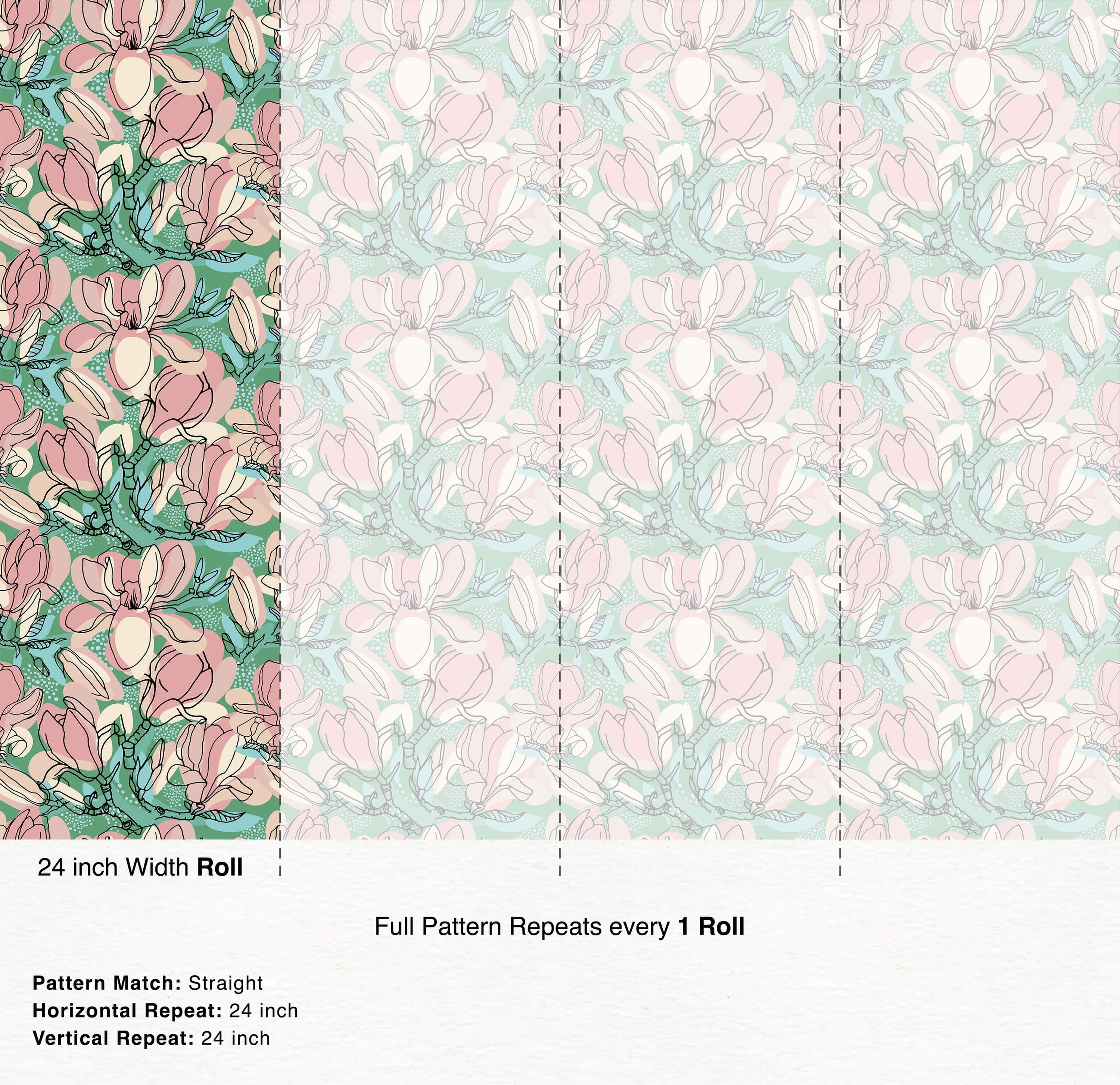 Line art magnolia wallpaper with pink and cream flowers on a green and light blue dotted background.
