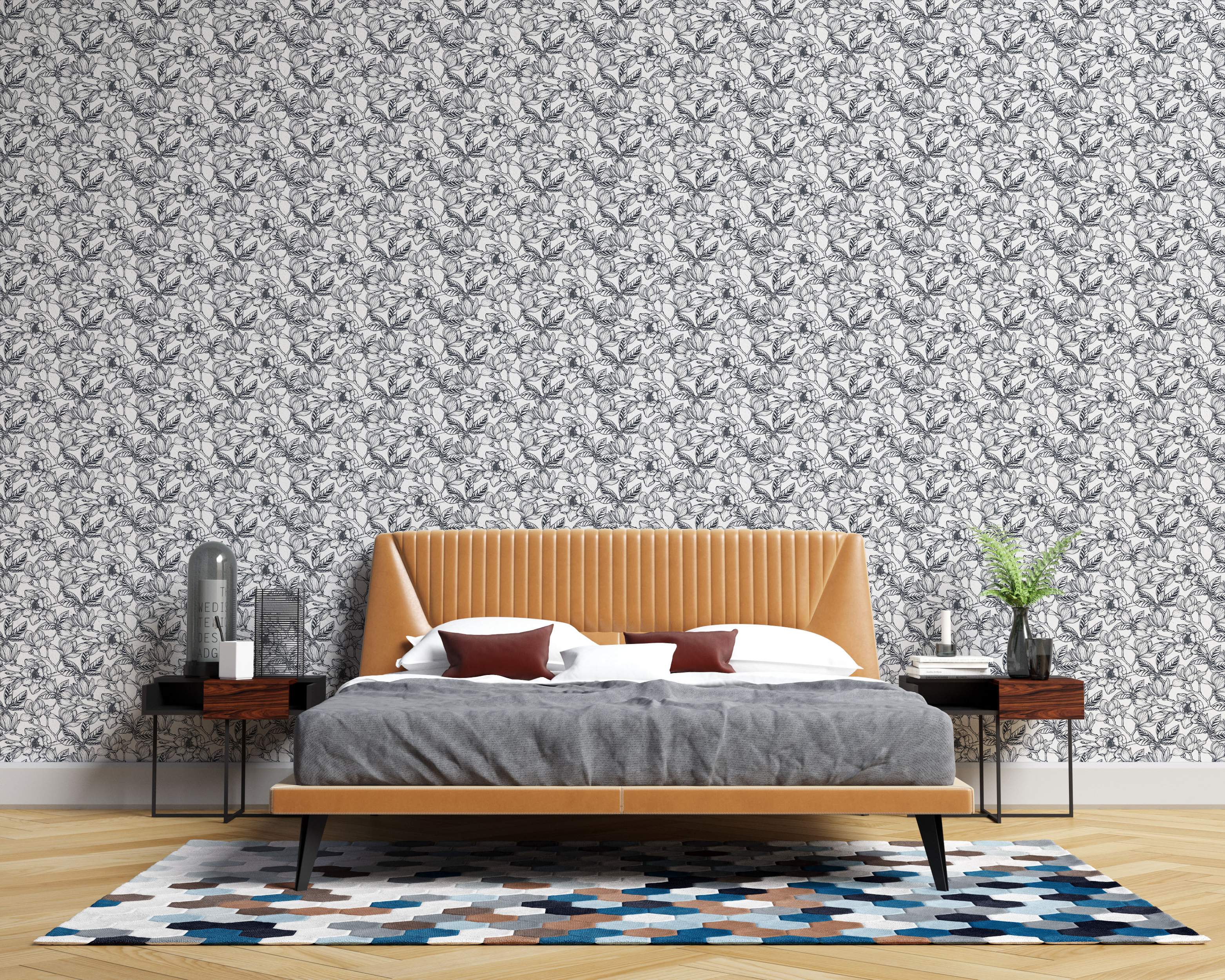 Detailed line art wallpaper with a repeating pattern of black sketched magnolias on a white background.