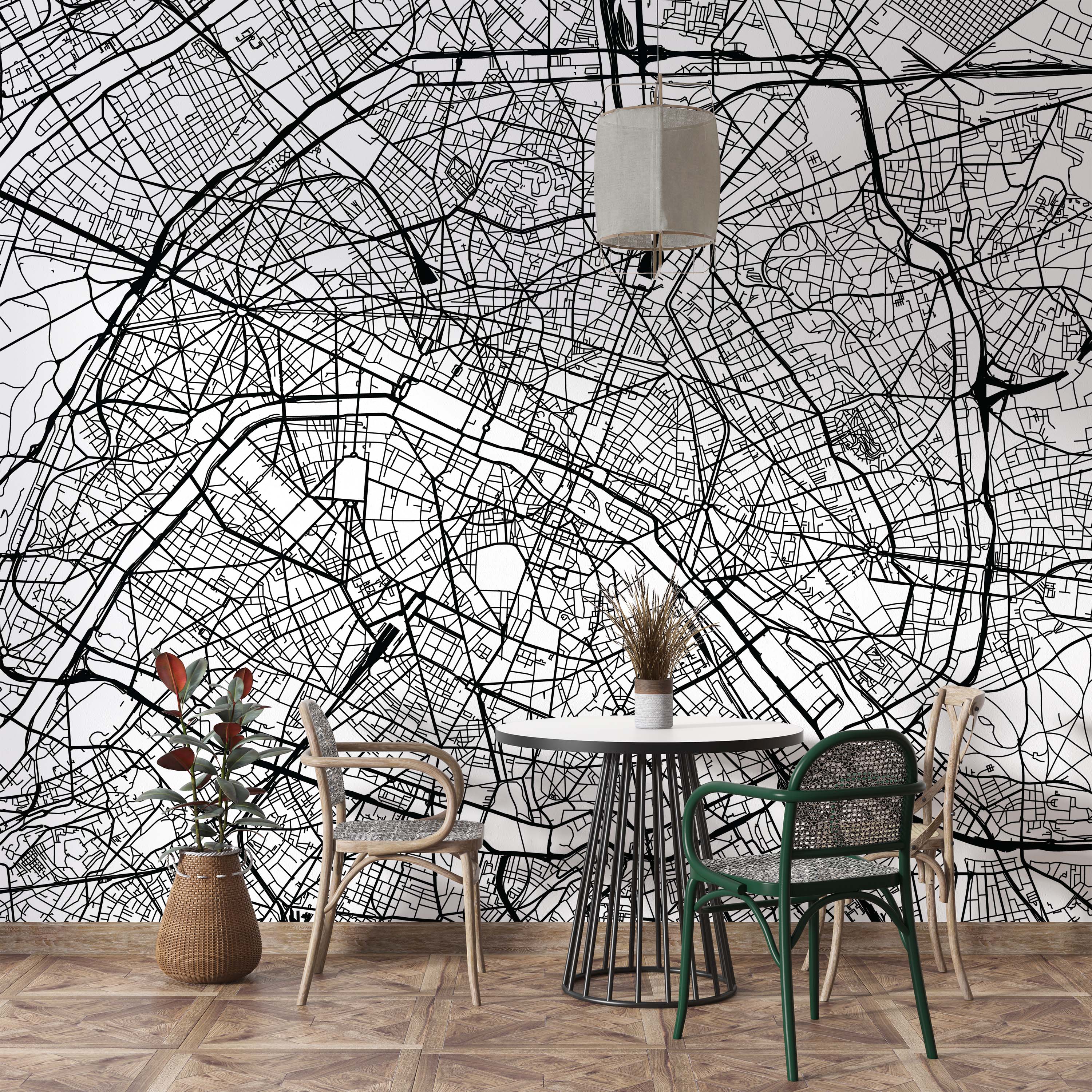 A large-scale wall mural depicting a detailed city map with intricate black street lines on a white background.